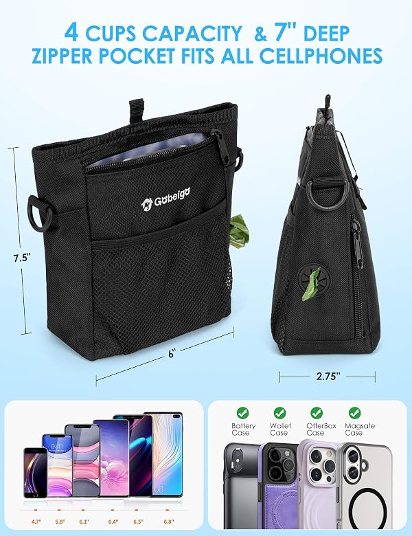 Gobeigo Dog Treat Pouch, Magnetic Closure & Sealable Silicone Bag Insert, 4-Cup Capacity – Belt Clip/Waist Belt/Crossbody Wear, Clicker Included – Great for Pet Training & Walking (Black) by Gobeigo - Image 4