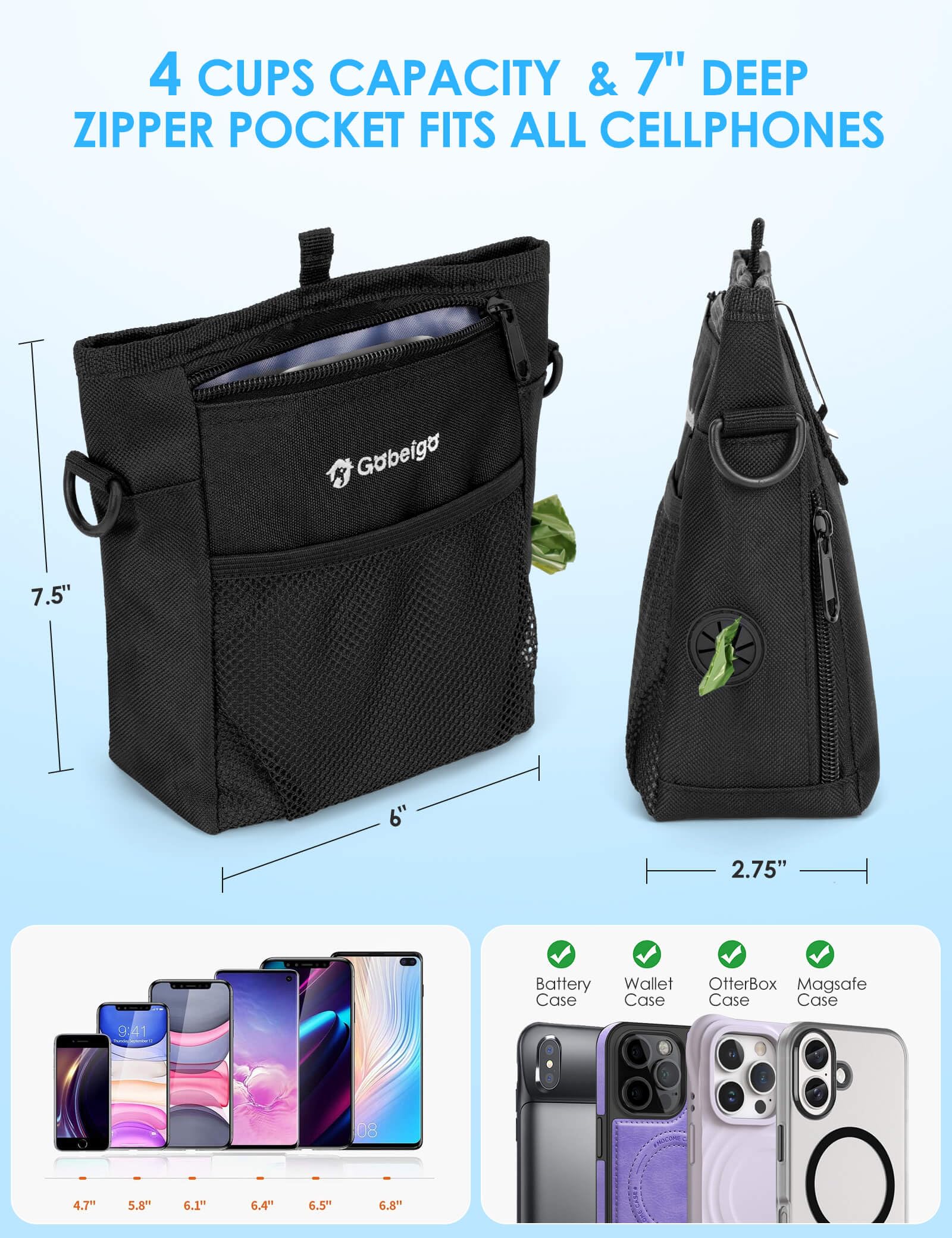 Gobeigo Dog Treat Pouch with Silicone Liner, 【4 Cup】【3 Ways to Wear 】 Treat Bag with Training Clicker, Front Pocket fits All Phones, Upgrade Stronger Magnetic Closure Walking Fanny Pack (Black) - image 4