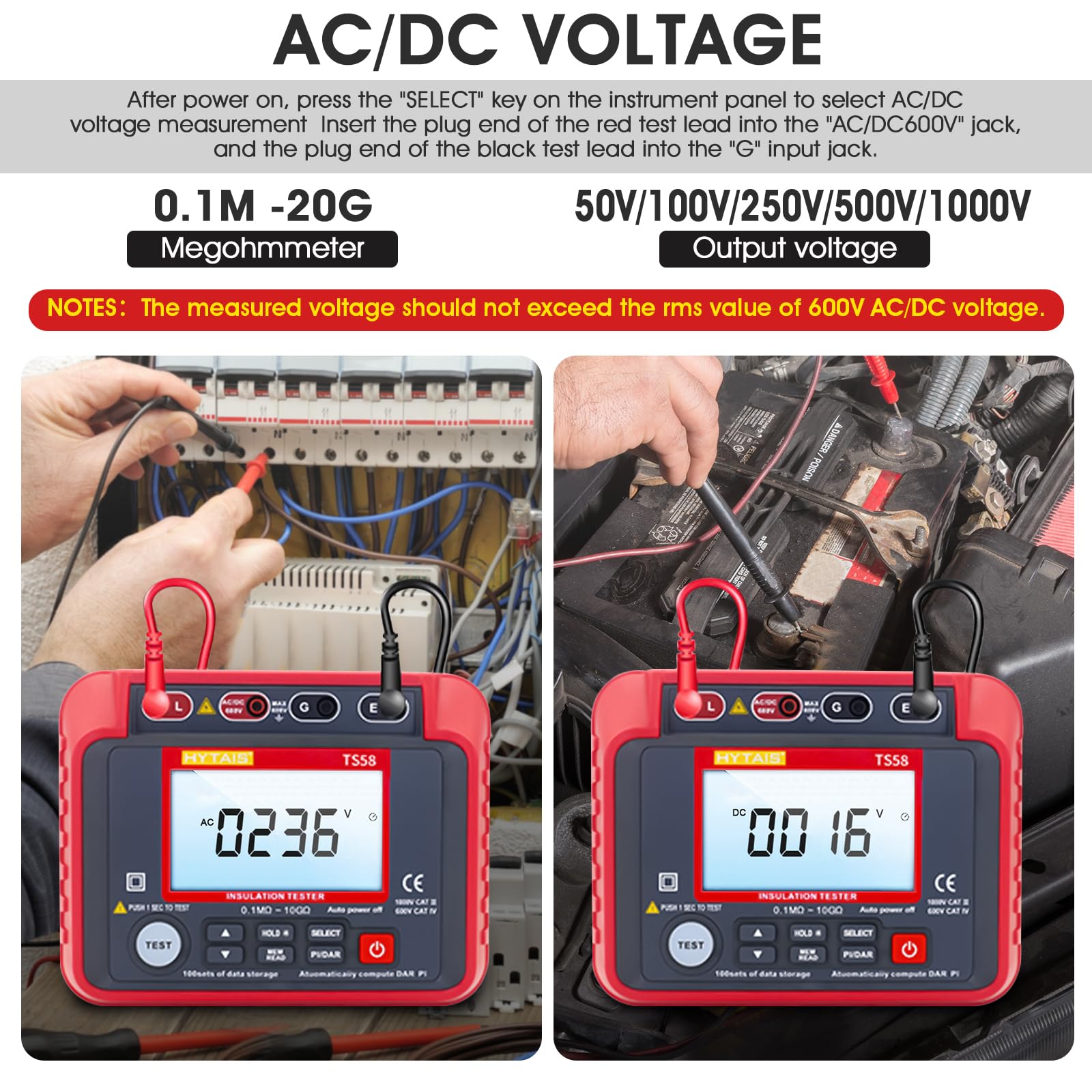 Megóhmetro Medir Resistencia de Aislamiento, 0,1MΩ~10GΩ Insulation Resistance Meter, Tensión Salida 50V~1000V, Test PI/DAR, Almacenamiento 100Datos para Motores, Cable, Transformadores, Condensadores