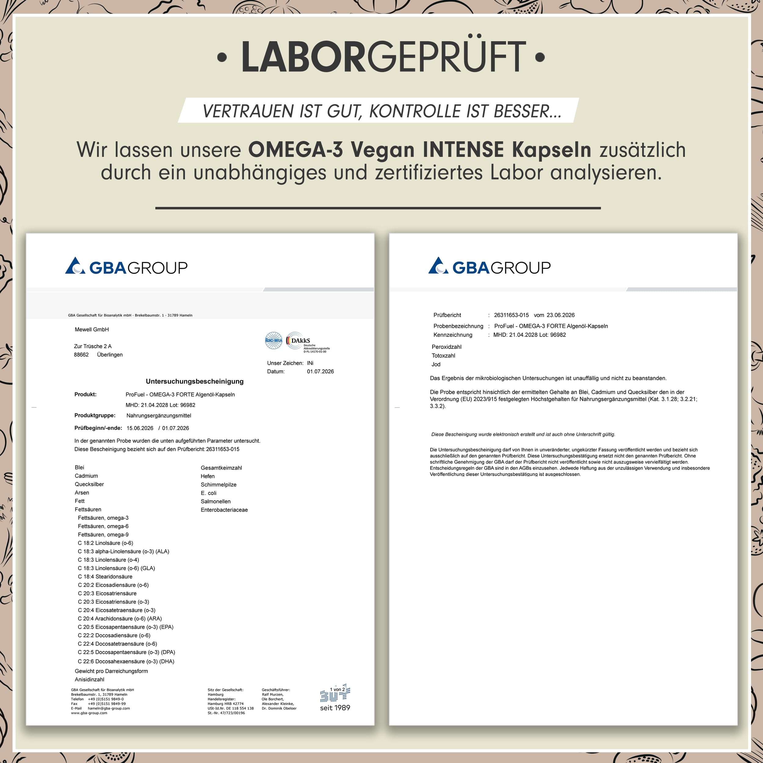 Omega-3 vegan INTENSE - 120 Kapseln - 2000 mg Algenöl pro Tag - hochdosiert mit 630mg DHA + 420 mg EPA - vegane Omega-3 Algenöl Kapseln - DHA:EPA Verhältnis 3:2 - laborgeprüft mit Analyse-Zertifikat