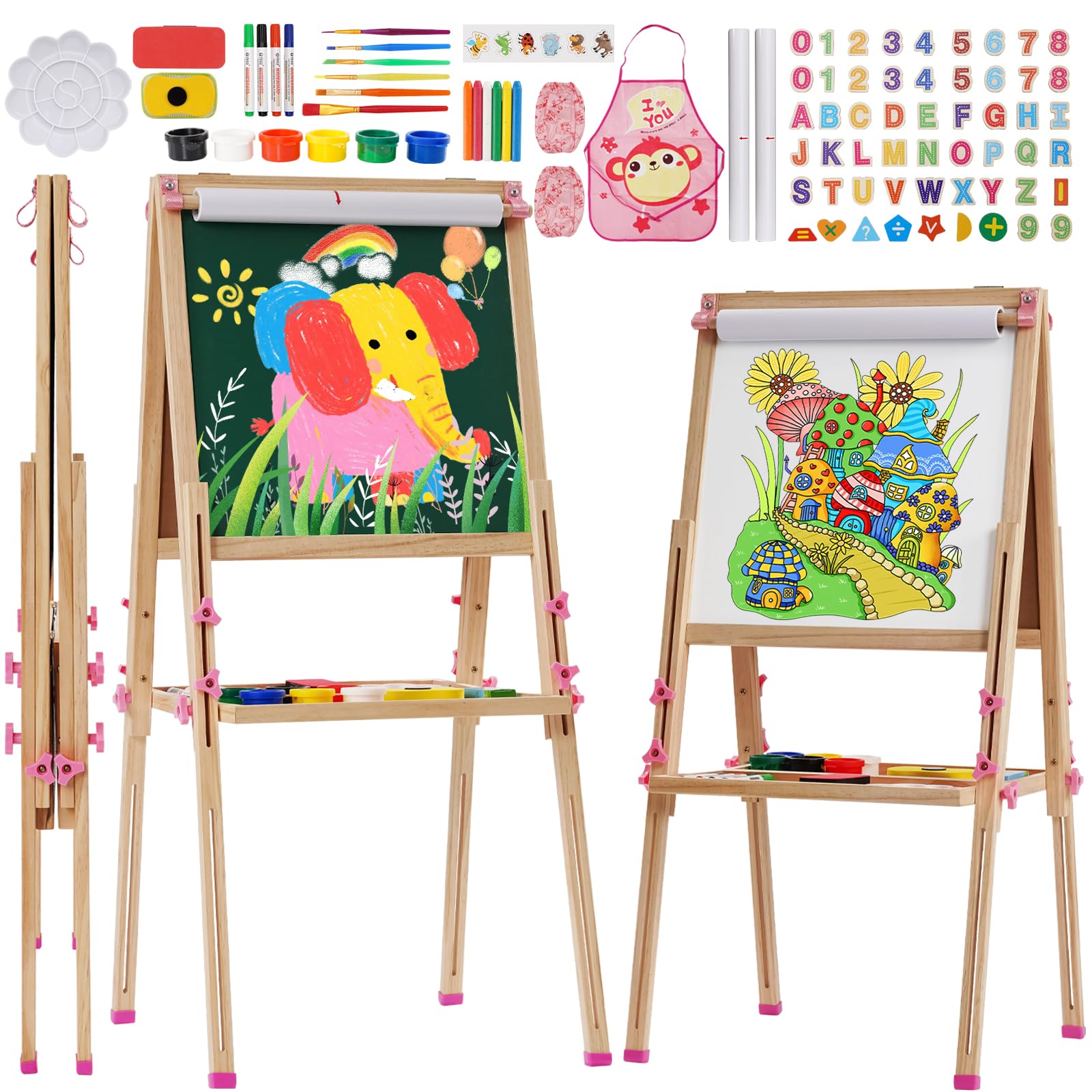 Staffelei Kinder aus Holz,Faltbare Doppelseitige Kunststaffelei für Whiteboard und Kreidetafel,Höhenverstellbar mit Papierrolle, Kreidetafel, Whiteboard, Stift, Reichhaltige Accessoires,Rosa