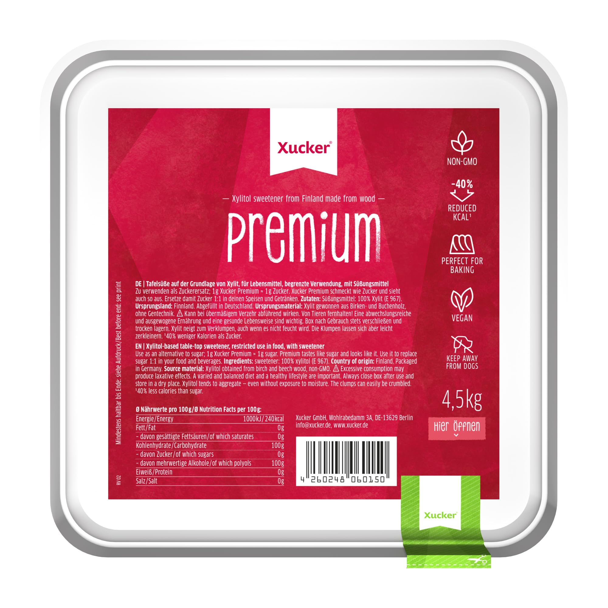 Xucker Premium aus Xylit Birkenzucker - Kalorienreduzierter Zuckerersatz I Vegane & zahnfreundliche Kristallzucker Alternative zum Kochen & Backen zuckerfrei & sweet (4,5 kg Box)