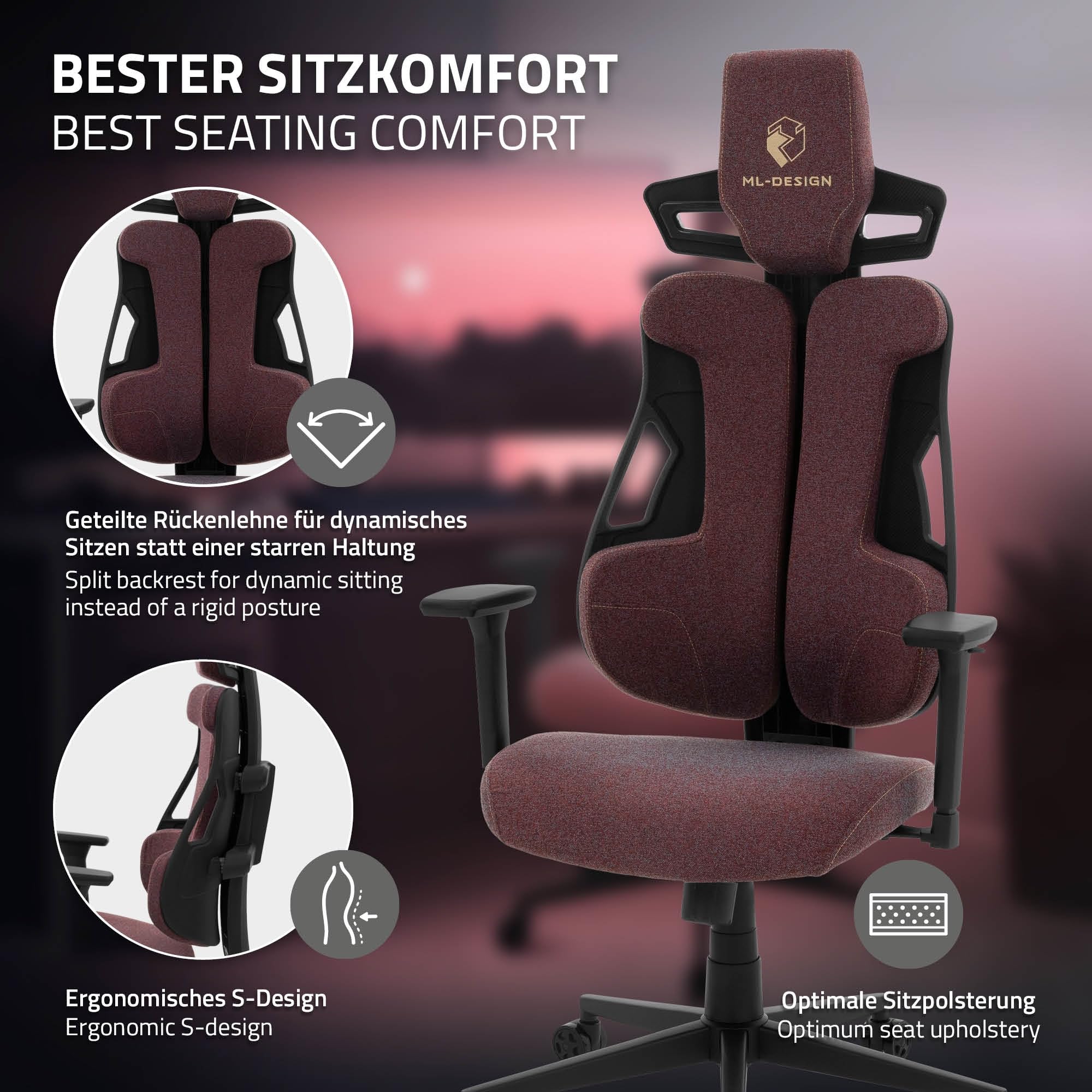 ML-Design Chaise de Gaming Ergonomique en Tissu Rouge, Accoudoirs 3D Réglables, Appui-Tête, Soutien Lombaire, Dossier Ajustable, Fauteuil Gamer Confortable pour Ordinateur, Mobilier Bureau Home Office