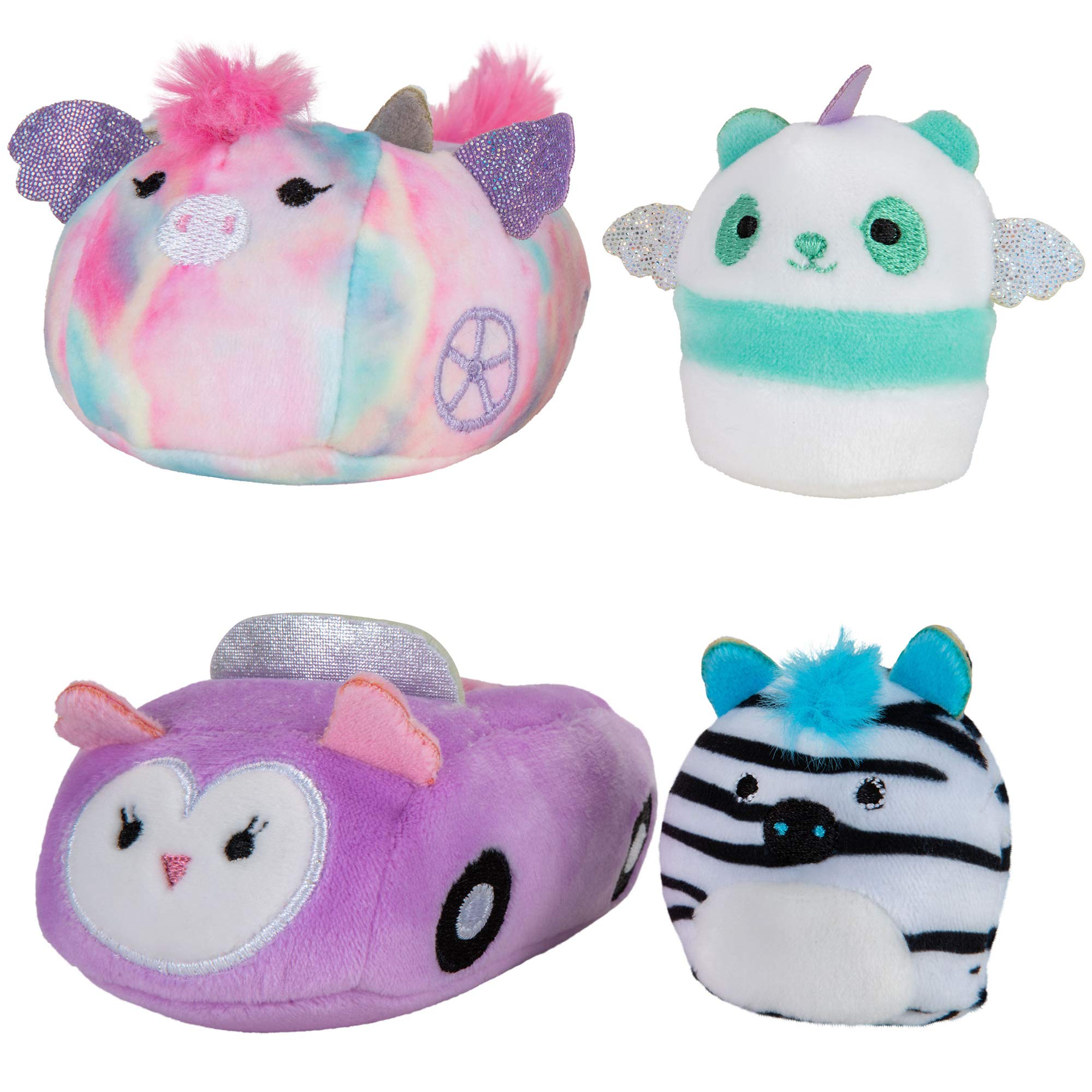 Squishvilleby Squishmallows Felicia in Carriage & Zeke in Car, Two 2” Soft Mini-Squishmallow Pandacorn and Zebra Plush, Plush Carriage and Car Vehicles, Irresistibly Soft Colorful Plush