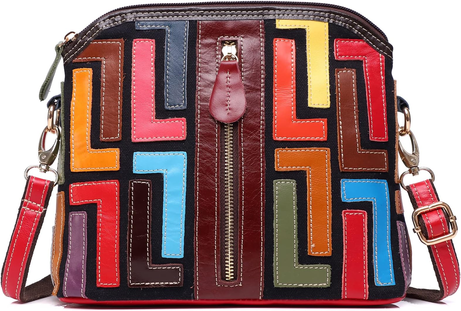 SegaterWomen Genuine Leather Shoulder Purse Multicolored Spliced Handbag 3D Color Word Patchwork Shopper Crossbody Satchel