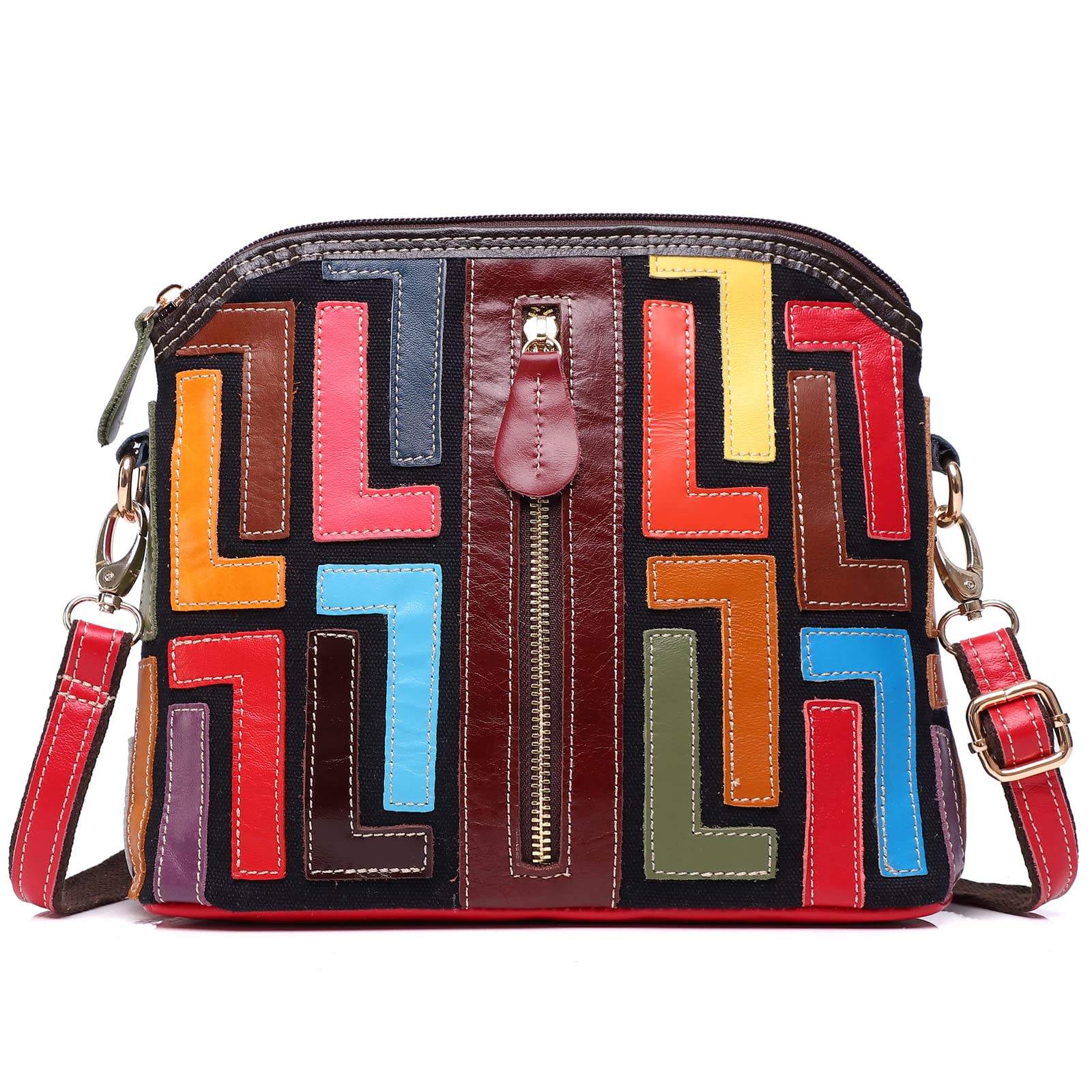 SegaterWomen Genuine Leather Shoulder Purse Multicolored Spliced Handbag 3D Color Word Patchwork Shopper Crossbody Satchel