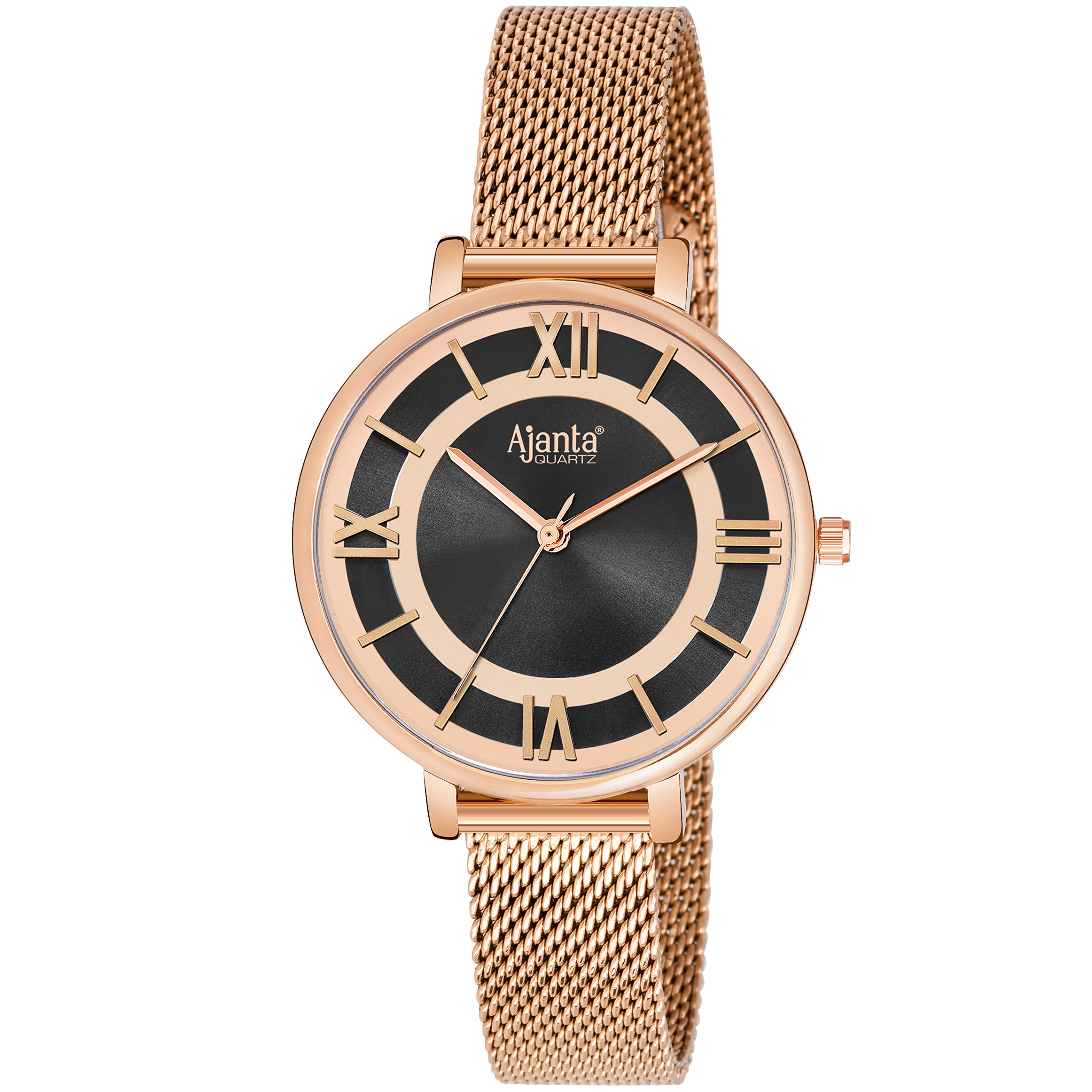 Ajanta Quartz Womens Branded Analogue Rose Gold Stainless Steel Mesh Band Elegant Ladies Wrist Watch/701-2 (Rose Gold-Black) (B09NR1NK74) Amazon Price History, Amazon Price Tracker