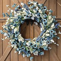 Bibelot 24 Inch Blue Spring Wreath with Daisy Flowers, Green Leaves - Artificial Front Door Wreath for Farmhouse, Wedding, Indoor Outdoor Decor