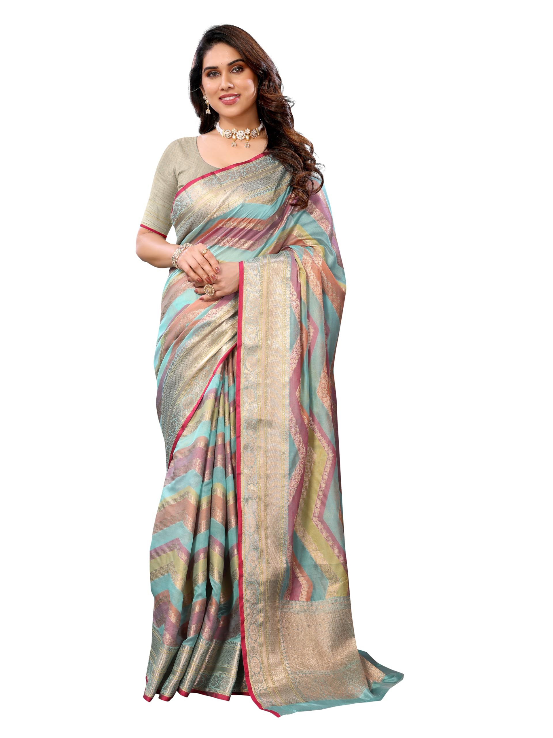 sidhidata Women's Organza Golden Zari Jacquard Boarder & Pallu ZigZag Saree With Unstitched Blouse Piece (Maharani)-picture-40