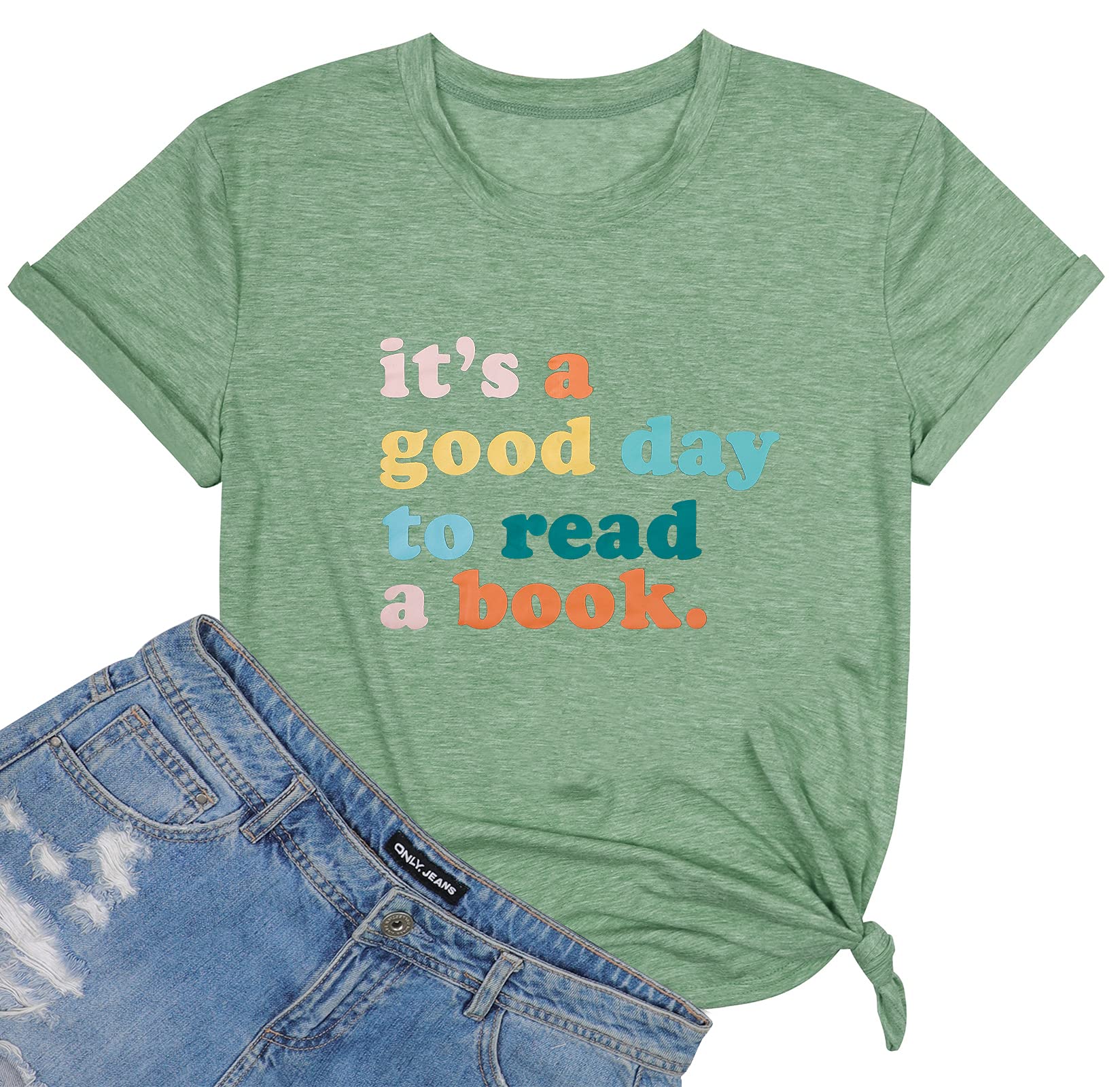 LUKYCILDIt’s a Good Day to Read a Book T-Shirt Women Book Lovers Tops Bookworm Shirt Funny Graphic Print Reading Short Sleeve T Cyan