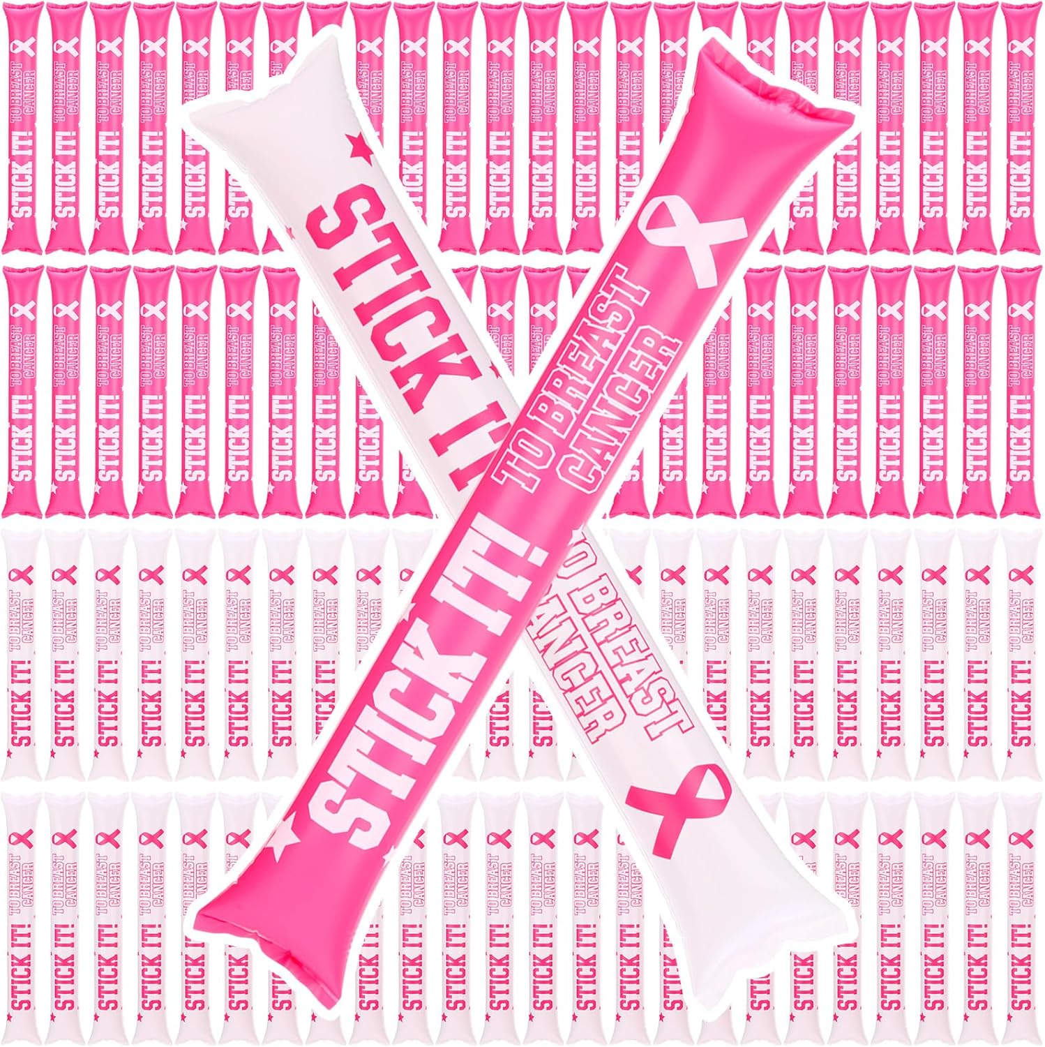 Lenwen 100 Pcs Breast Cancer Awareness Thunder Sticks 23.6 x 4 Inch Pink Ribbon Awareness Inflate Boom Sticks for Breast Cancer Cheering Charity Event Fundraiser Parade