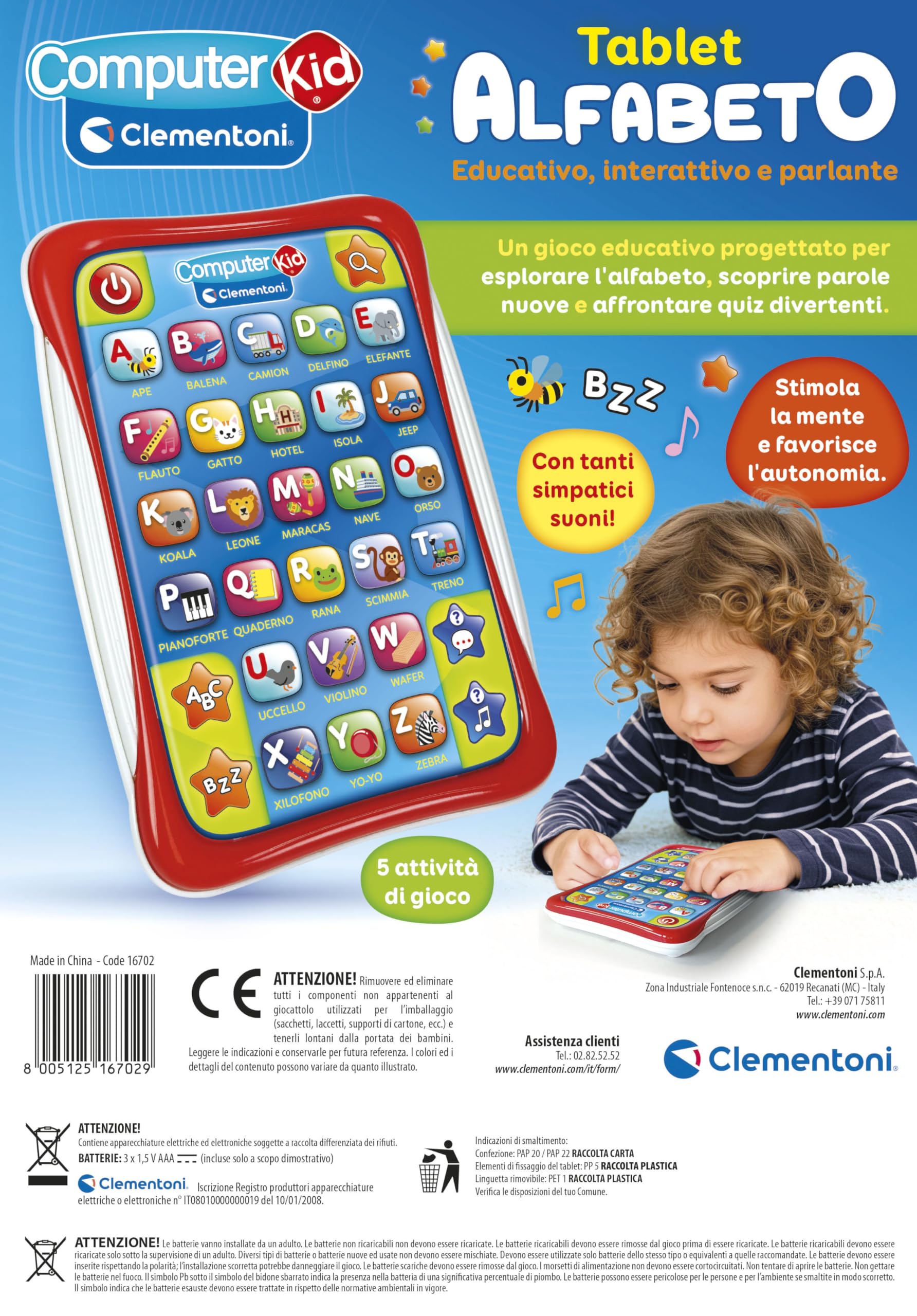 Clementoni - Computer Kid - Tablet Alfabeto, Gioco Educativo Parlante 3+ Anni, 5 Modalità di Gioco e 30 Tasti Interattivi, Imparare Lettere e Parole, Lingua Italiana, 16702