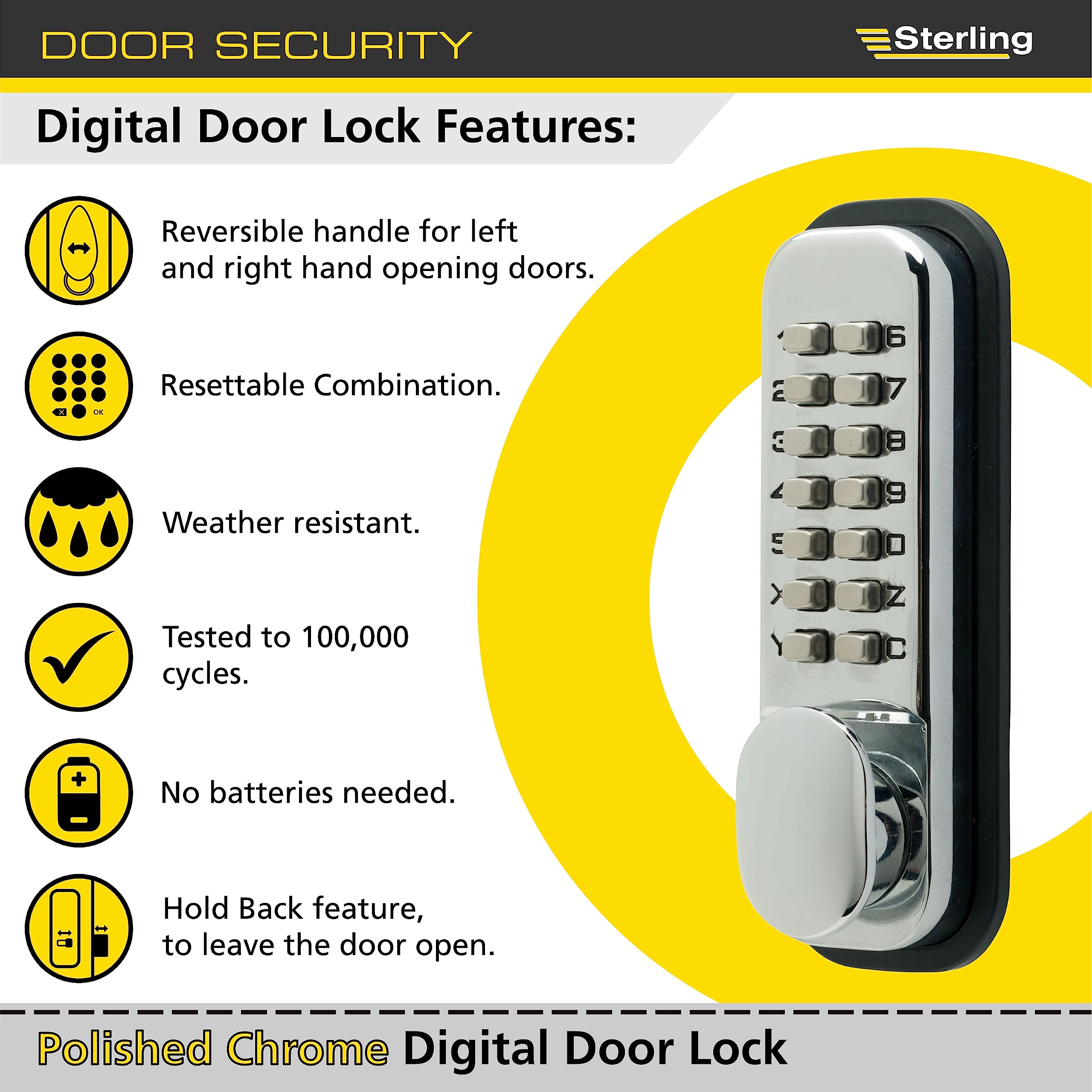 Sterling S2235PC Polished Chrome 14-Push Button Digital Door with Hold Back Function, Polished Chrome 14-button, S2235; S2235PB - Image 2