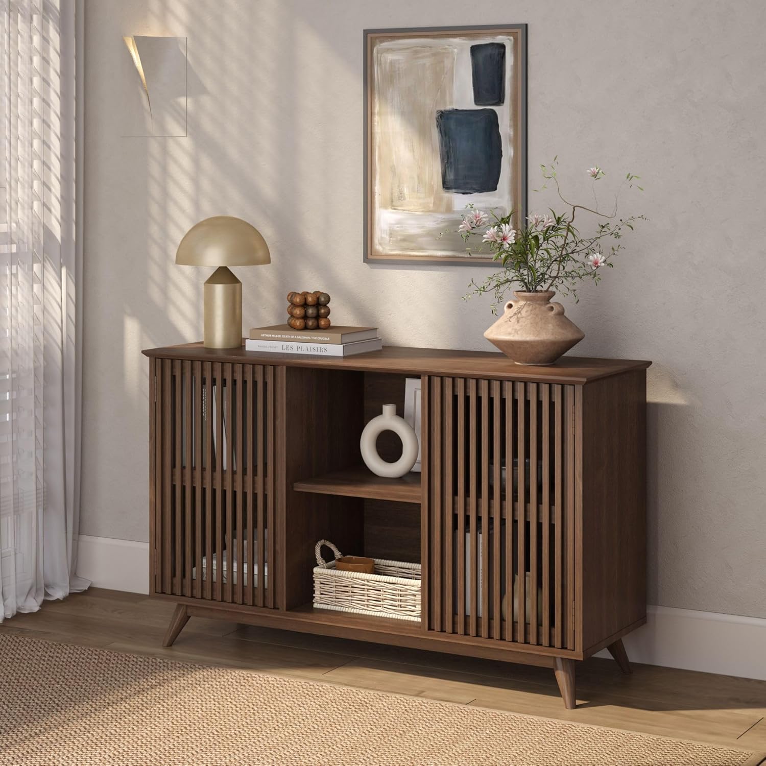 Plank+Beam Mid-Century Modern Wood TV Stand, Solid Wood Entertainment Console with Storage, 49" L x 16" W x 30" H, Walnut