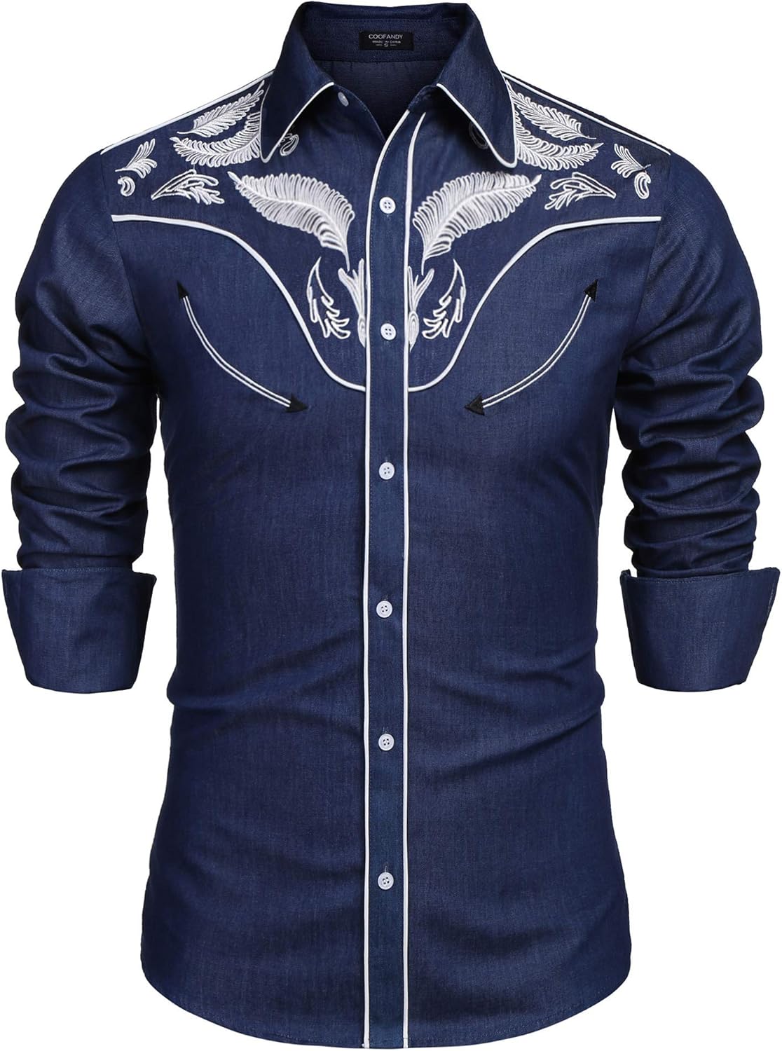 COOFANDY Mens Embroidered Fashion Floral Shirts Denim Long Sleeve Shirt,Dark Blue,X-Large