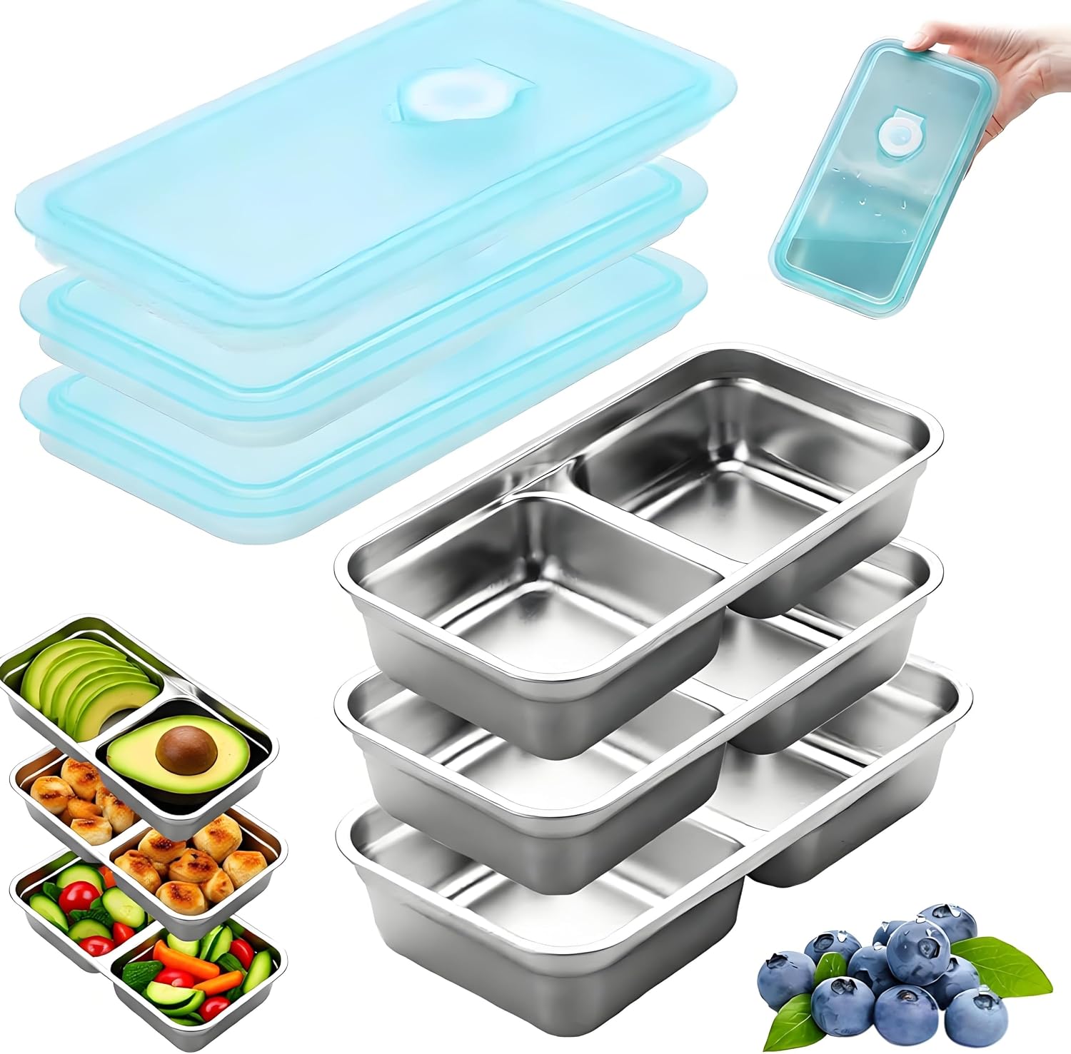 3 Pack Double Layer Leak-Proof Stainless Steel Food Containers, 2 Divided Compartments Snack & Dip Box, Multi-Purpose Eco Lunch Box for Camping, Office Snacks & Meal Prep