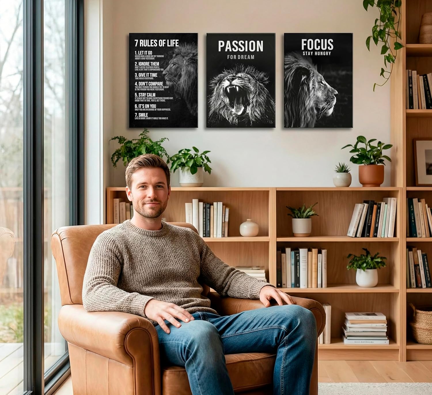 3Pcs Lion Inspirational Quotes Wall Art 7 Rules of Life Poster Wall Decor Canvas Pictures Office Inspiration Prints Posters Black And White Lion Painting For Home Office study workplace Framed