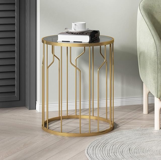 Hallowood Furniture Burton Golden Metal Round Coffee Table with Tinted Glass Top for Living Room  Side Table with Power Coated Metal Frame for Bedroom  Sofa Side Magazine Table