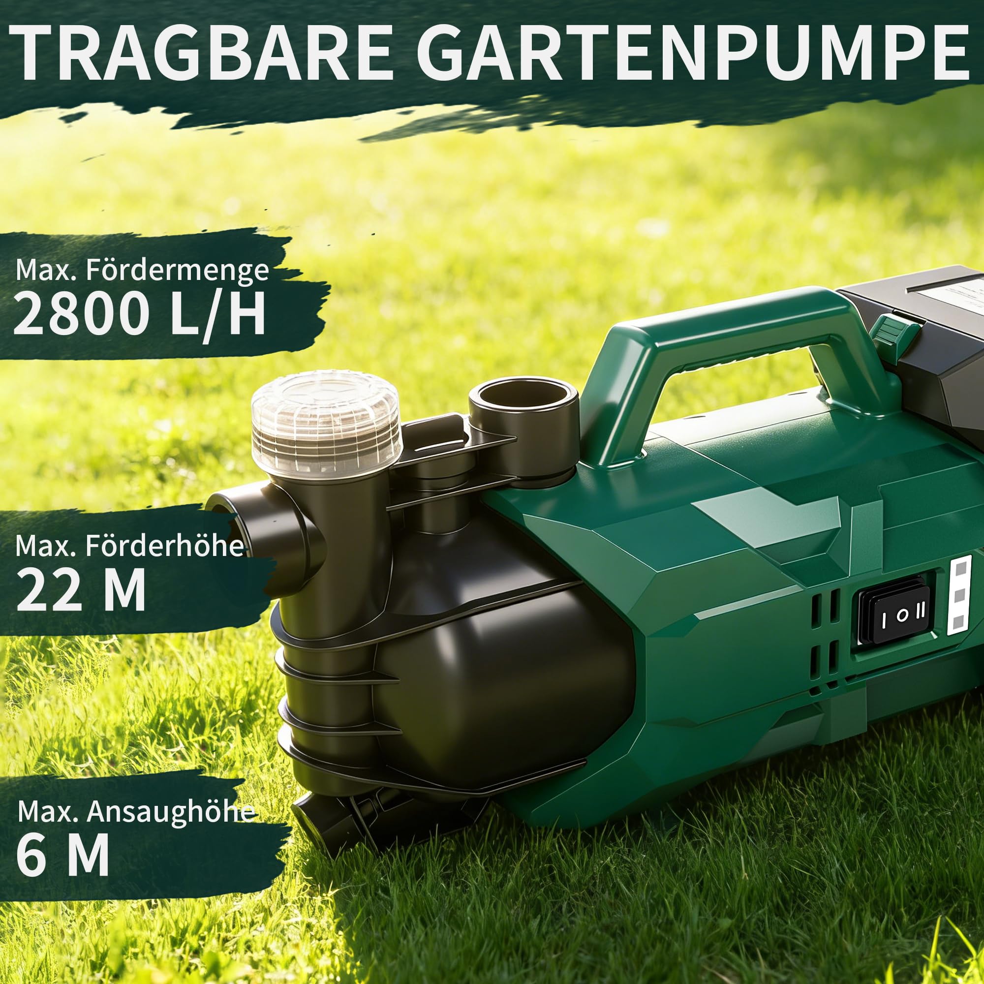 LANCHEZ Akku Gartenpumpe 2800 L/H, 18V 2000 mAh Akku, Max. Förderhöhe 22 m, ECO-/ Boost-Modus, Überlastschutz, Tragbare Akku Wasserpumpe für Regenfässer, Zisternen, Gartenteiche