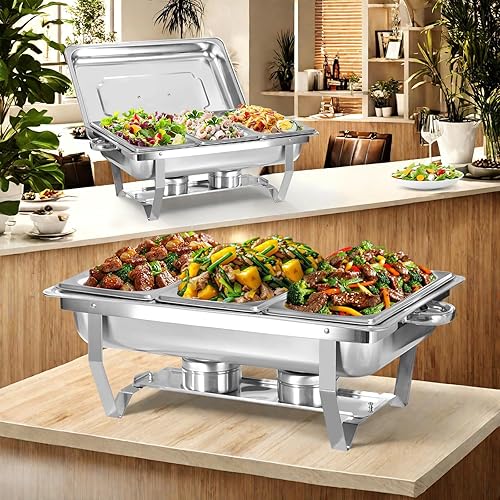 Miniatura 9 de Plato de roce para bufé, paquete de 4 servidores de acero inoxidable para rociar alimentos, juegos de calentadores de alimentos con bandeja de