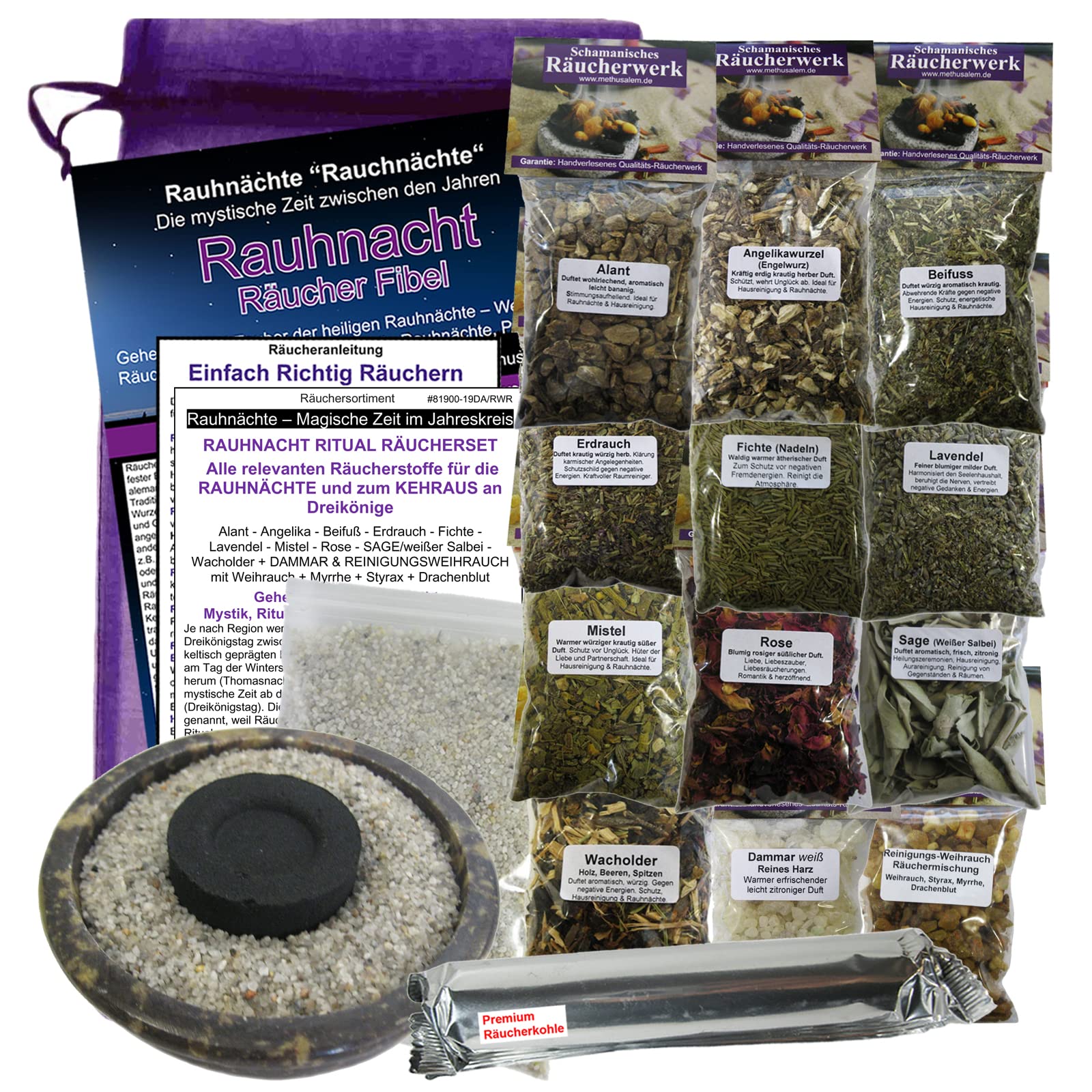 RAUHNÄCHTE Räucher Sortiment zum Ausräuchern 19-TLG Rauhnacht Set - 12x Räucherwerk mit Angelika, Sage, Weihrauch, Myrrhe, Styrax UVM. 7X ZUBEHÖR mit RÄUCHERSCHALE. 81900-19B