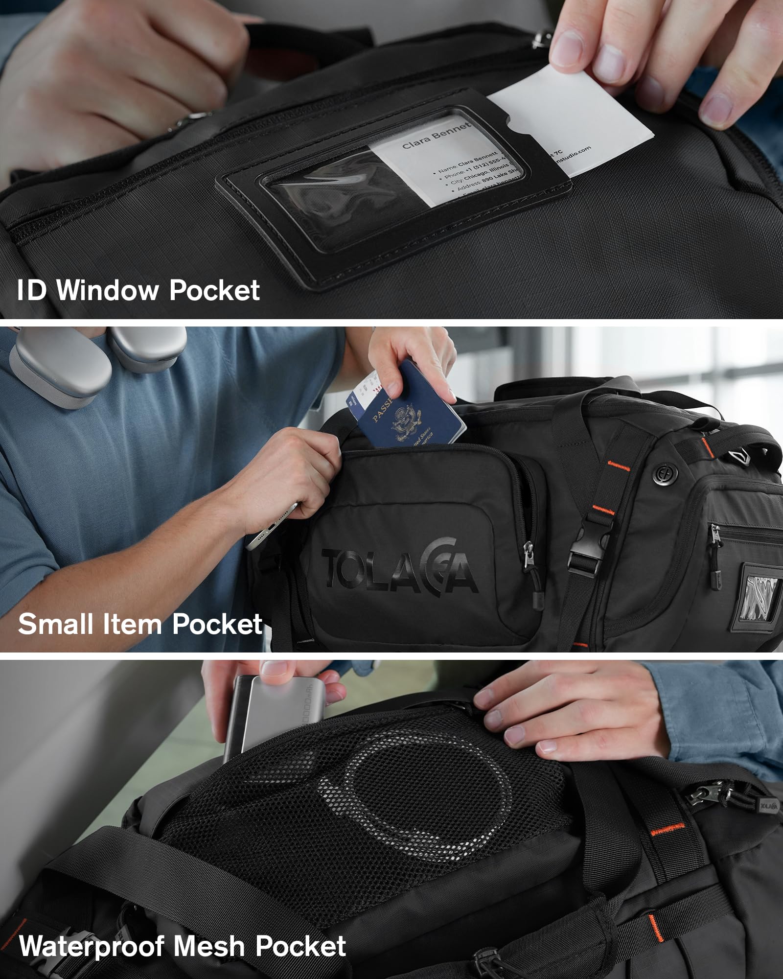 Tolaccea Borsone Palestra per Uomo e Donna 40L Grande – Zaino da Viaggio Convertibile con Scomparto Scarpe, Tasca Umida e Portatile 15,6" – Impermeabile per Sport e Viaggi (Nero)