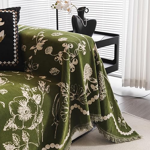 Miniatura 4 de DREAMINGO Funda de sofá floral verde rural de jacquard botánico para sofá de 3 plazas, acogedora funda de felpilla para muebles de sala de estar,