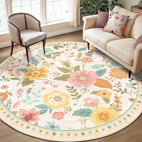 RELEANY Floral Nursery 8ft Area Rugs Washable Print Boho Cute Carpet Non Slip Flower Low Pile for Living Room Kids Girls Playroom Bedroom Kitchen Office Farmhouse-Beige/White/Orange