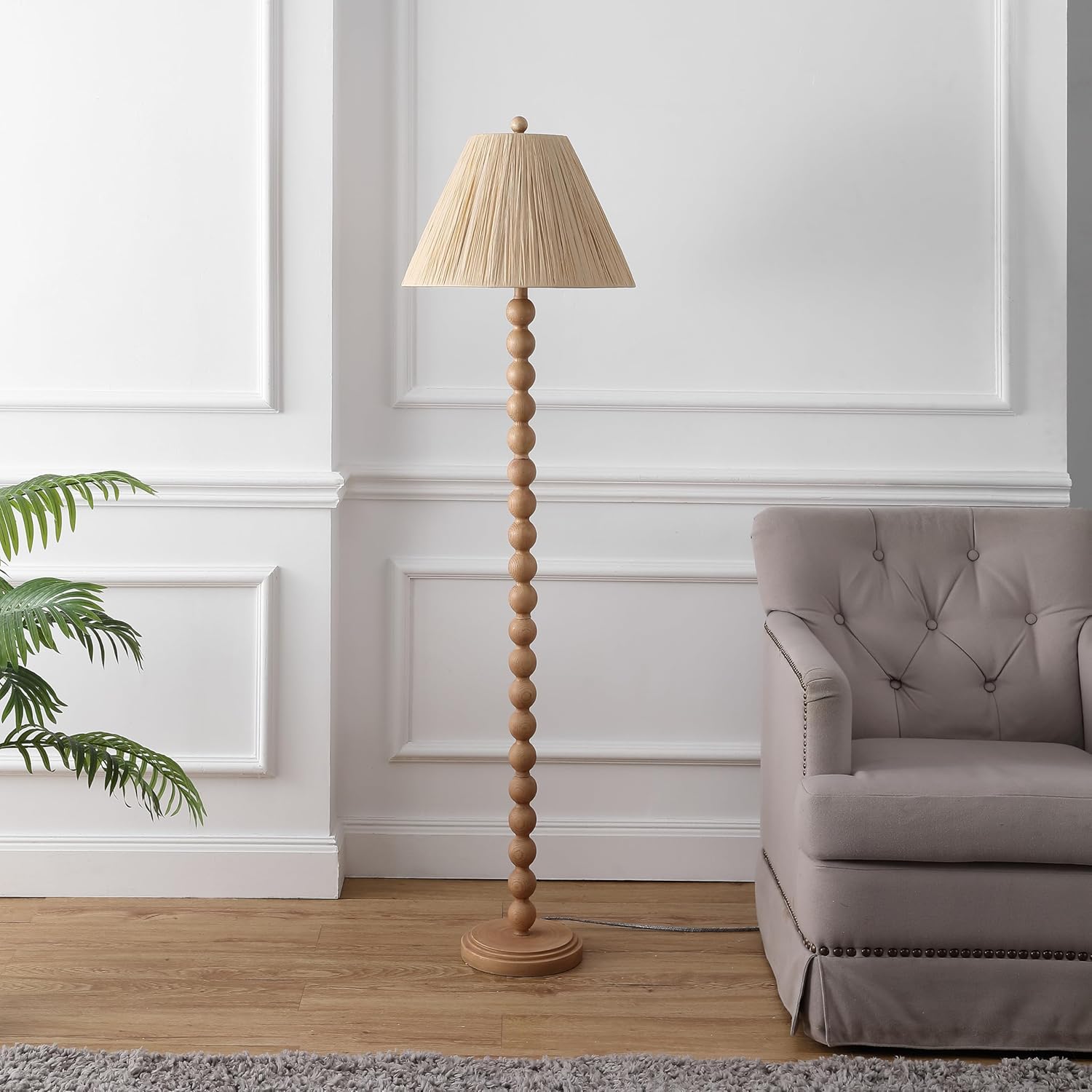 JONATHAN Y 61.5" Brown Wood Finish Bobbin LED Floor Lamp, Modern Rustic Spindle Standing Lamp with Light Brown Pleated Paper Shade, Farmhouse Decor, LED Bulb Included JYL5400A