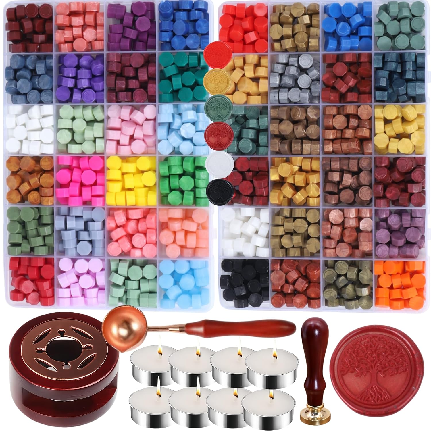 Wax Seal Stamp Kit, ONWINPOR 1248 Pcs Sealing Wax Beads in 48 Colors with Melting Warmer, Spoon, Tea Candles, Tree Sealing Stamp Set for Wedding Invitation, Letter Sealings and DIY Craft