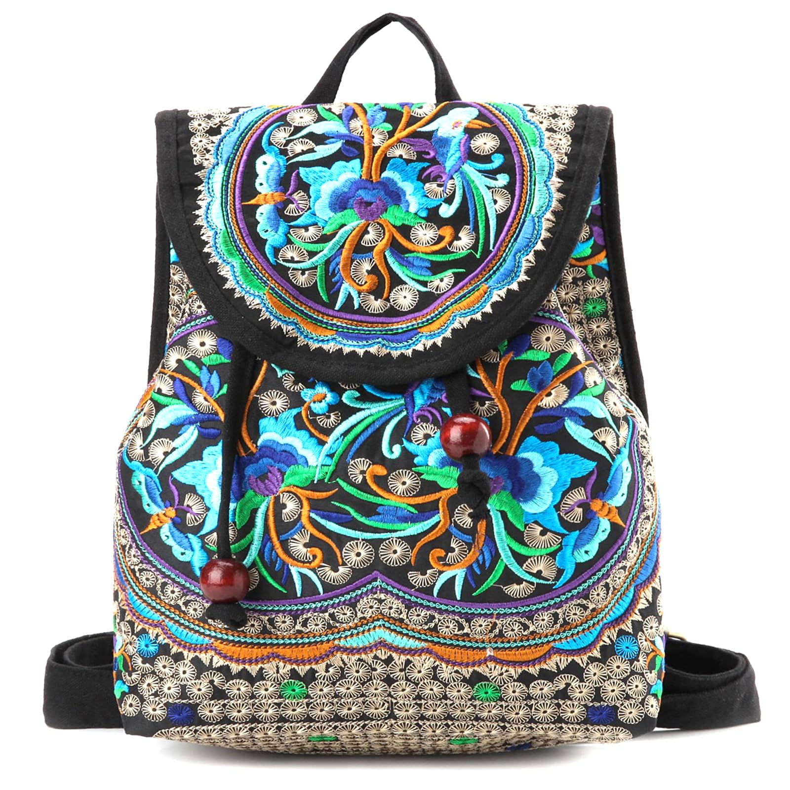 Goodhan Women's A02: Blue Flowers - Medium Vintage Embroidered Backpack Ethnic Travel Handbag Shoulder Bag, 12X10x5 Inch