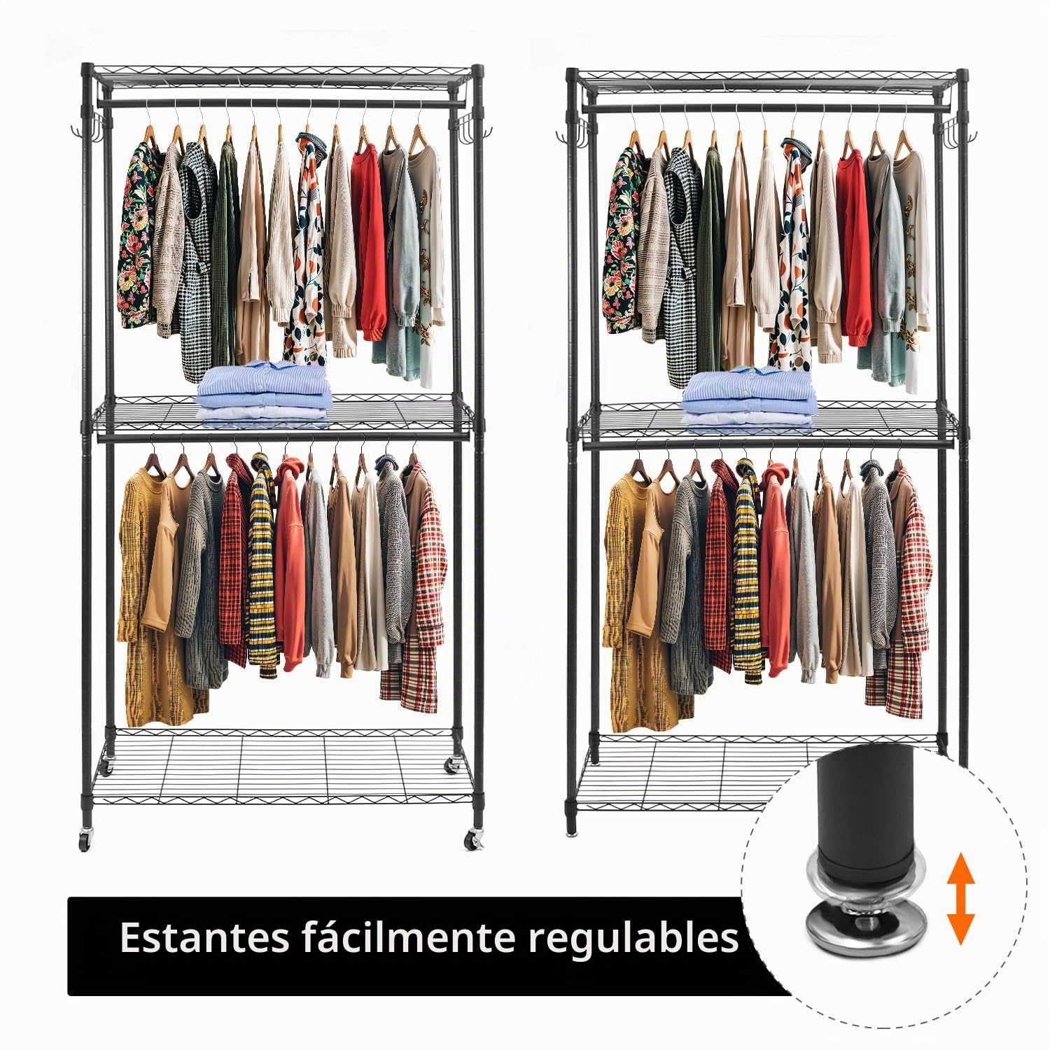 QWORK® Perchero resistente de doble barra con estantes ajustables, ruedas bloqueables y ganchos, 90 x 43.5 x 180 cm