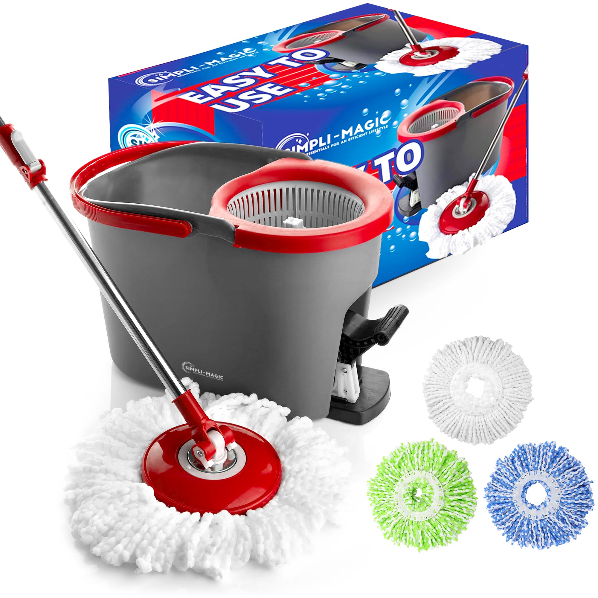 79349 Spin Mop Cleaning System with 3 Microfiber Mop Heads, Red/GRAY,Red/Black