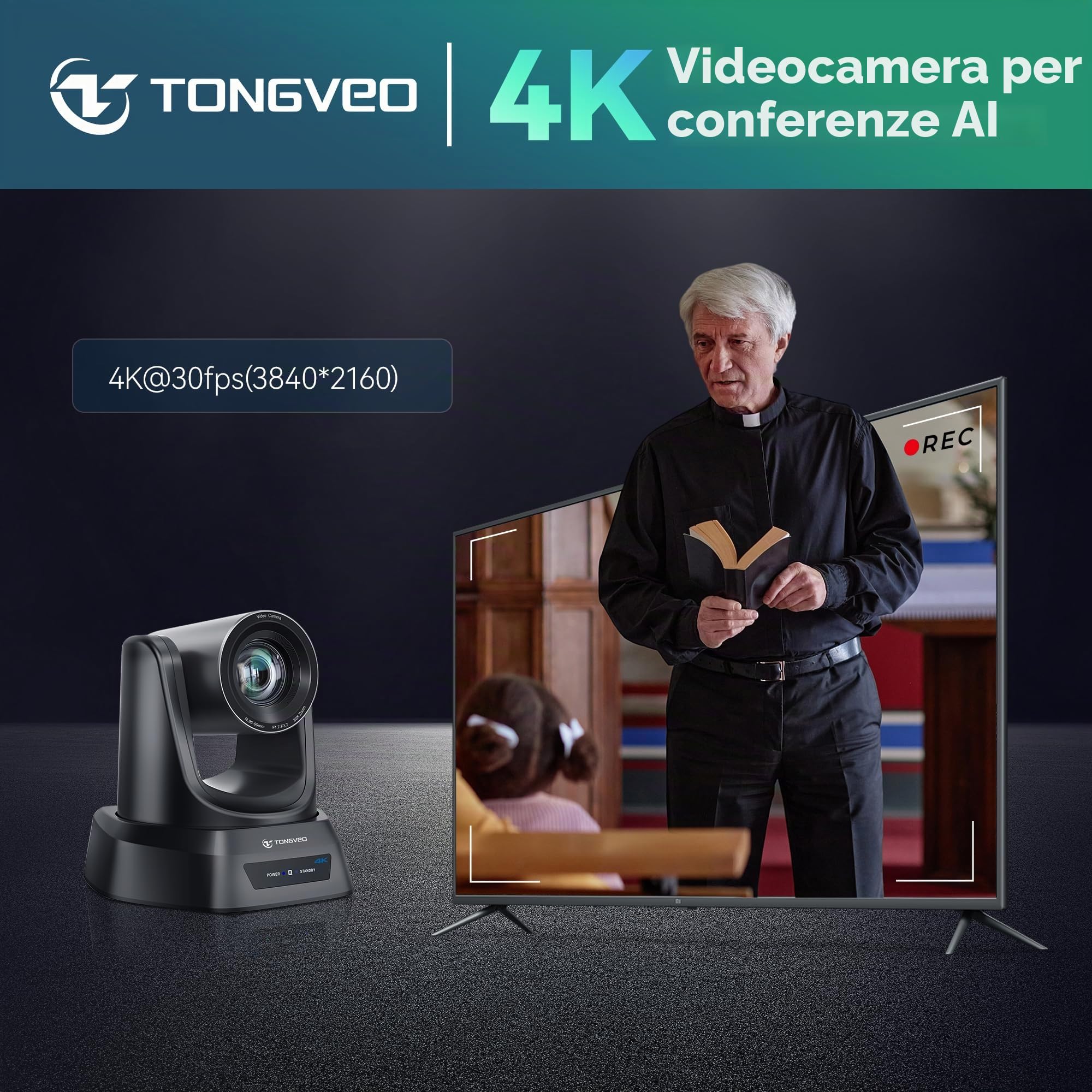 TONGVEO Telecamera PTZ 4K AI con auto-tracking e zoom ottico 20x, videocamera per conferenze con HDMI/USB3.0/LAN/PoE, ideale per servizi di benessere, riunioni zoom, live streaming ed istruzione