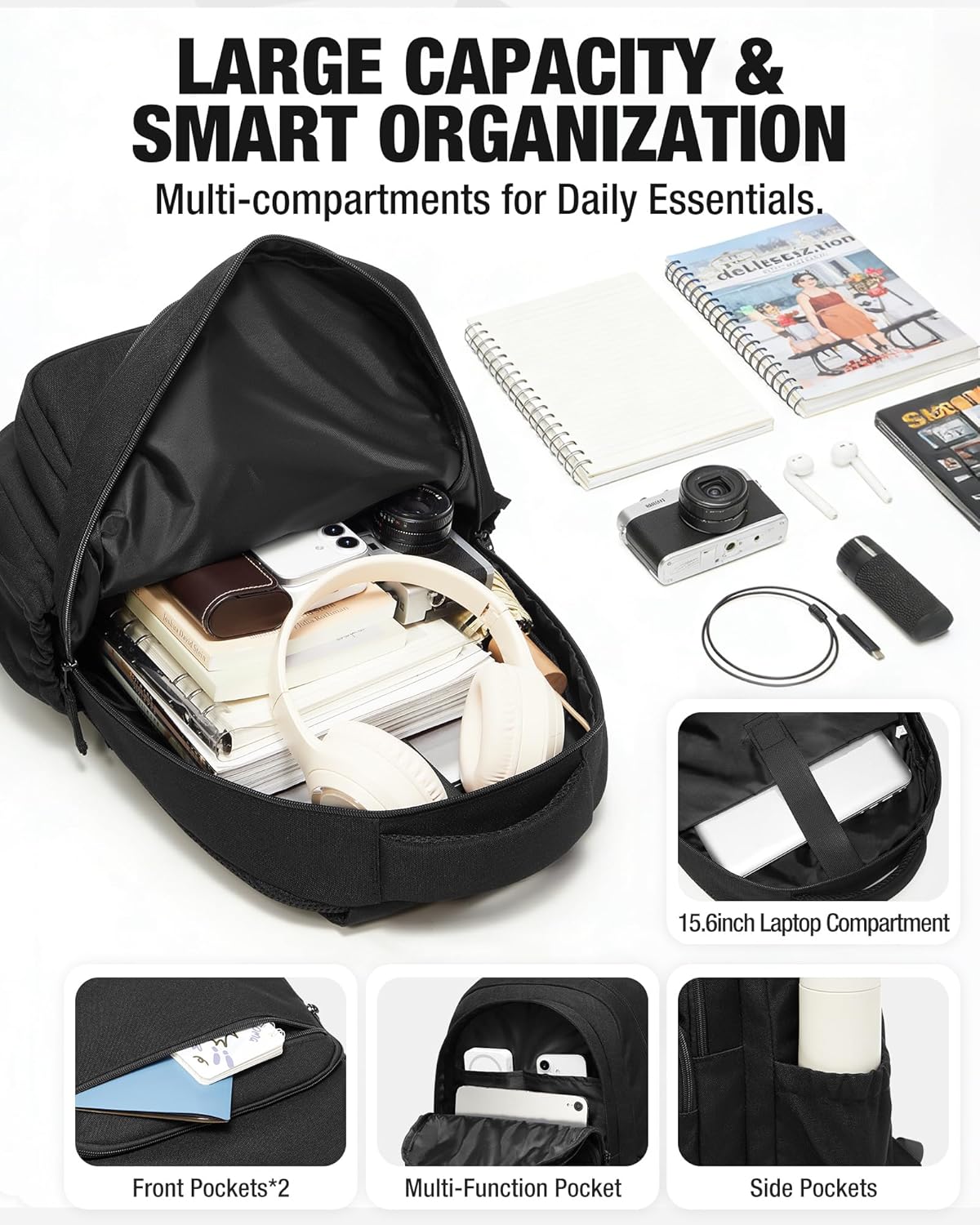 coofay Black College Backpacks for Women Lightweight Aesthetic Backpack for College Waterproof Laptop Backpack Rucksack Cute Travel Daypack Backpacks Simple Computer Bag for Men