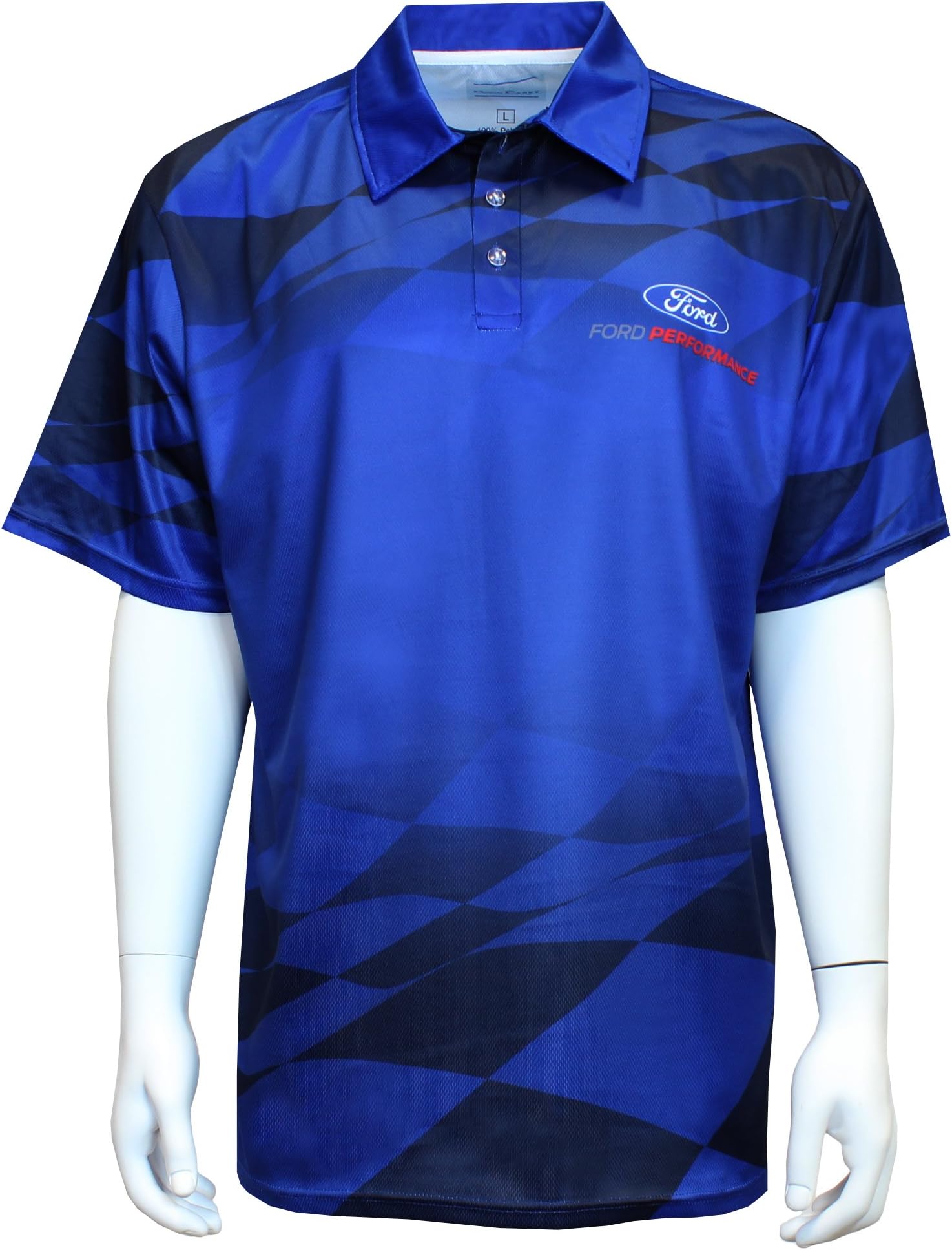David Carey Ford Performance Polo Shirt – Blue & Black – Button Up Collared Short Sleeve Dry-Wicking Shirt with Logo, L