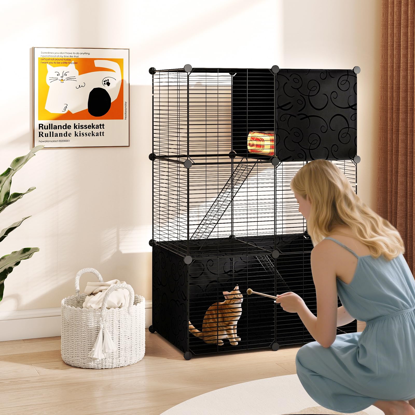 GYMAX Cage Métallique d'Intérieur pour Chat 3 Niveaux avec 2 Échelles 3 Portes
