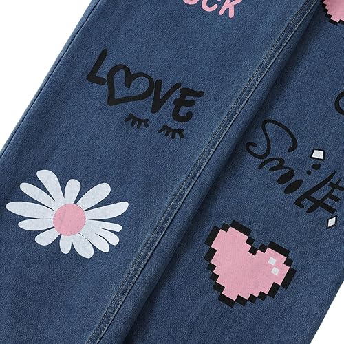 Weixinbuy Girls Jeans Wide Leg Pants Baggy Jeans for Girls Elastic Waisted Denim Pants Trendy Tween Streetwear 6-14Y(Light Blue-colorful Print,11-12 Years)