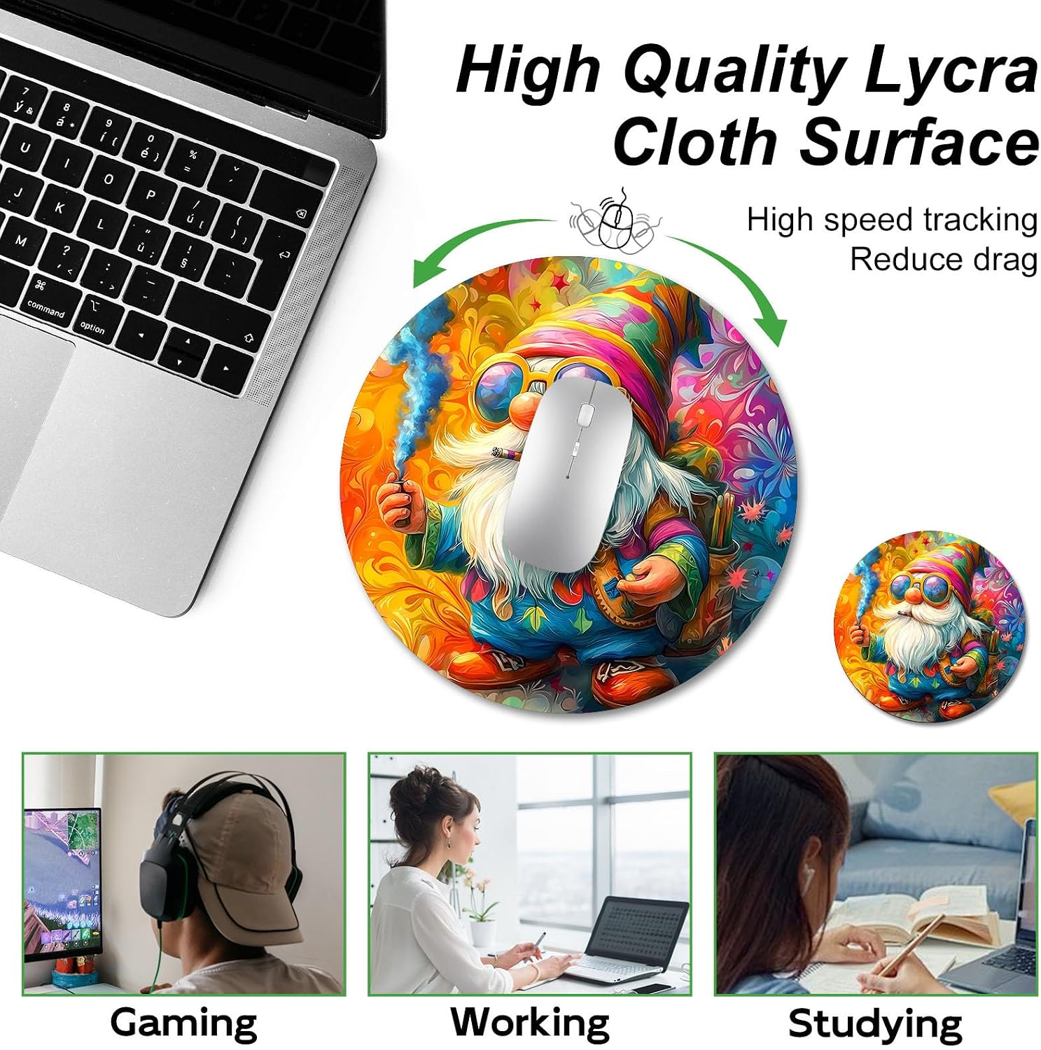 Cute Hippie Gnome Design Vibrant Cute Round Mouse Pad Aesthetic for Desk Accessories, Girly Mousepad Fun Office Decor Lessens The Tedium of Your Workday, Portable Mousepad for Office Gaming Travel image 4