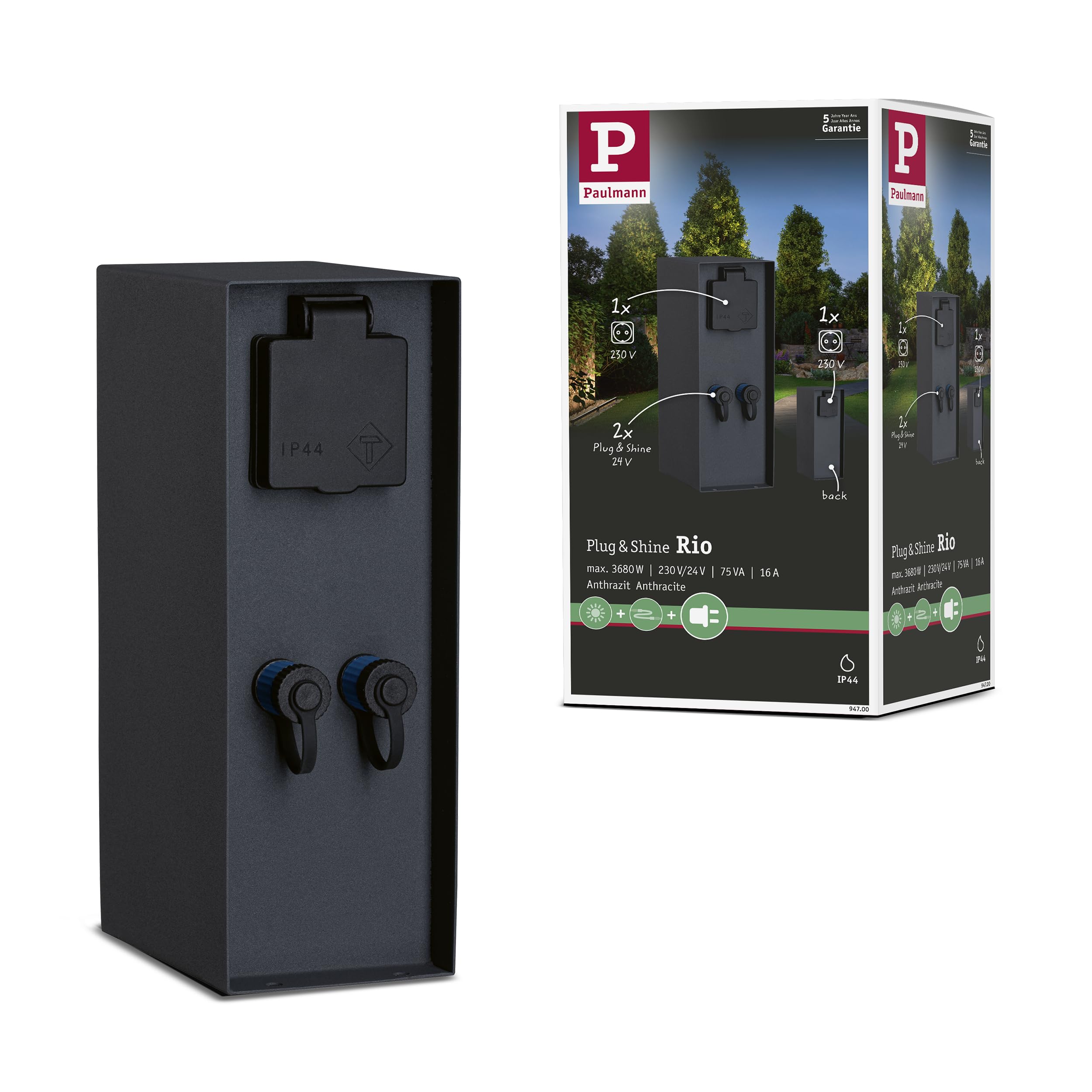 Paulmann 94700 Plug & Shine Outdoor Light Accessories Socket Column Rio IP44 Anthracite Garden Lighting System Connections 2X 230V 2X Plug & Shine 24V