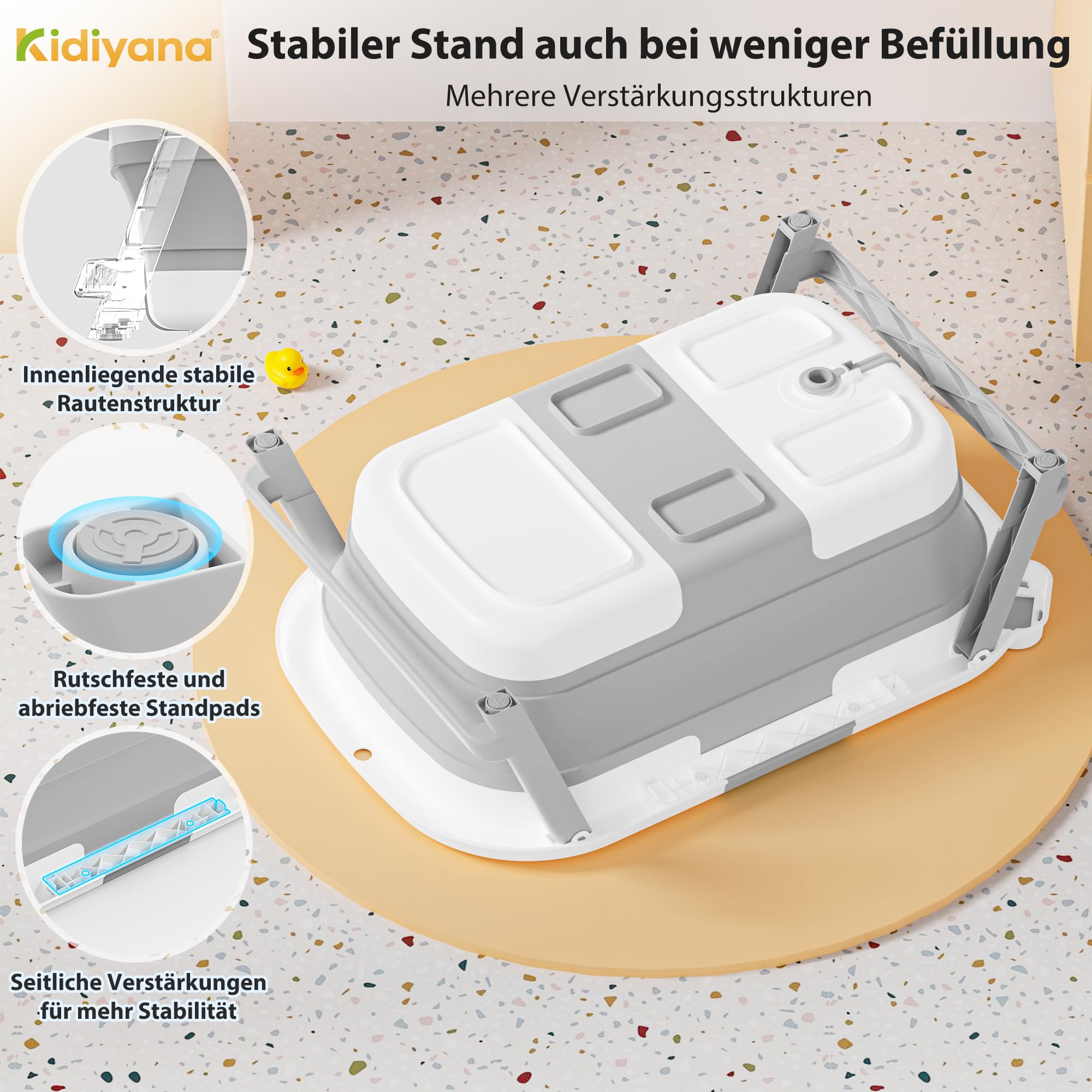 Baby Badewanne faltbar mit Gestell, stabil und rutschfest, platzsparend klappbar, mit Ablauf, PP & TPE, 30L, Babywanne kompakt tragbar, faltwanne, 0–3 Jahre