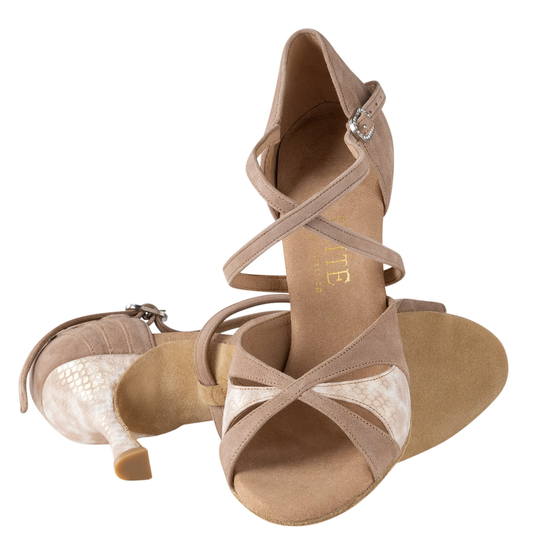 Rummos Donne Scarpe da Ballo Elite Paloma 027/093 - Nabuk/Pelle Light Marrone/Beige - Larghezza Normale - 7 cm 70R Flare Tacco - Made in Portugal