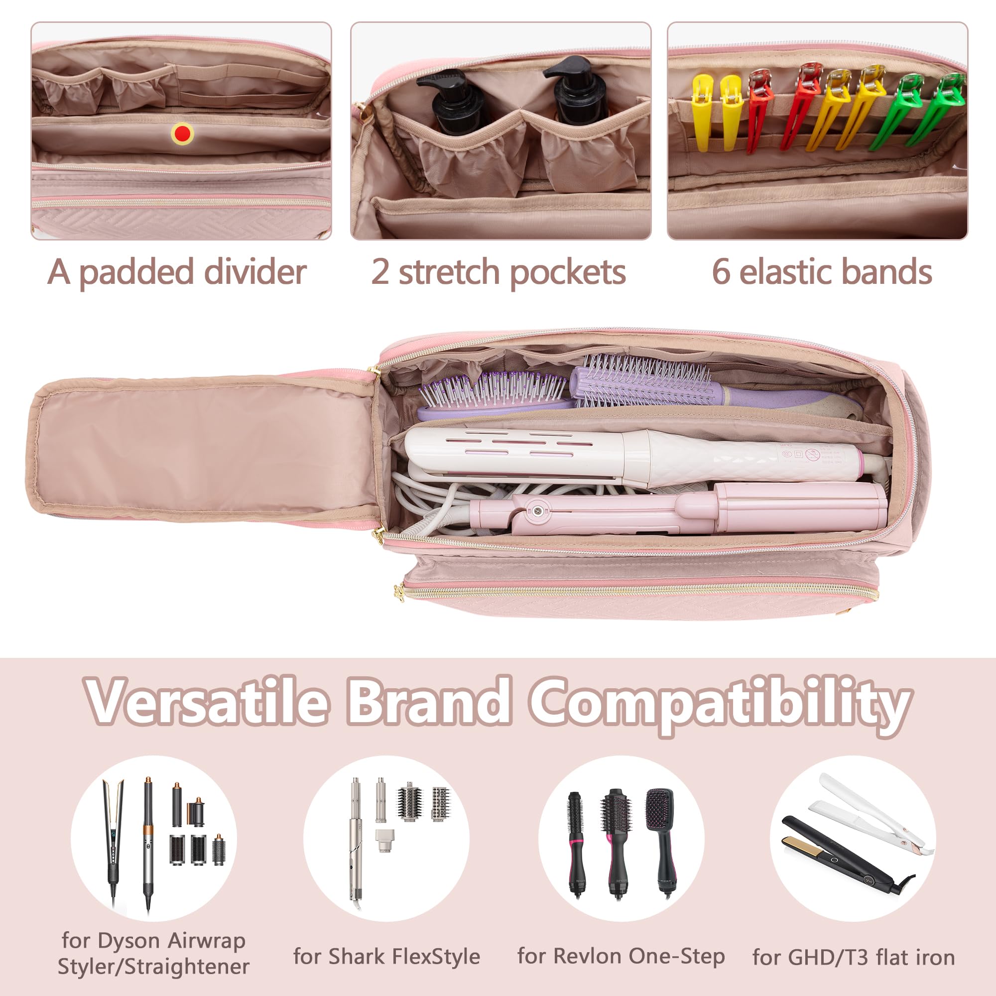 YARWO Bolsa Viaje para Herramientas para el Cabello con Estera Resistente al Calor, Bolsas Organizadoras para Herramientas de Peluquería Compatible con Planchas para el Pelo, Styler y Accesorios, Rosa