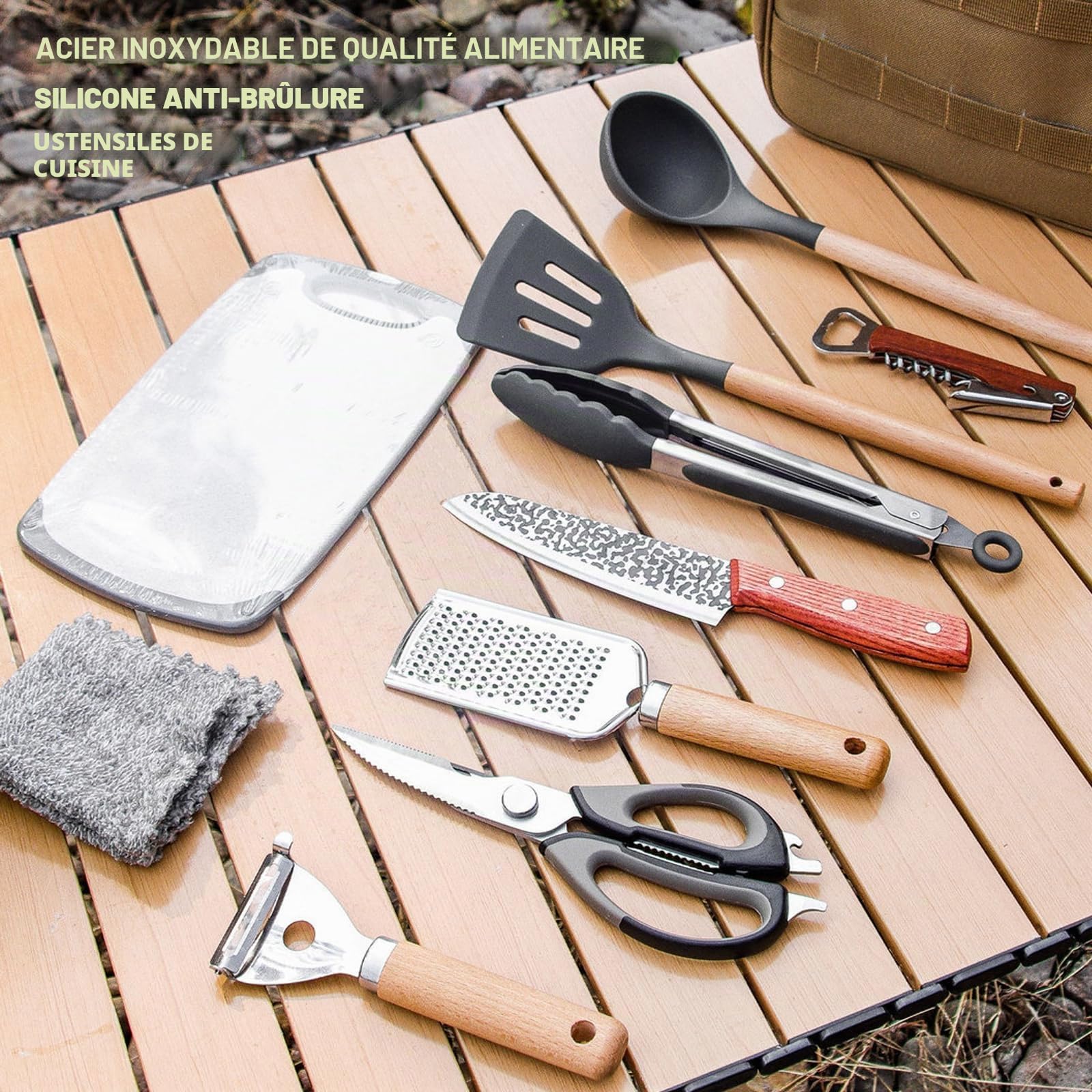 Sadodo Lot de 11 ustensiles de cuisine de camping avec sac de transport en silicone et acier inoxydable