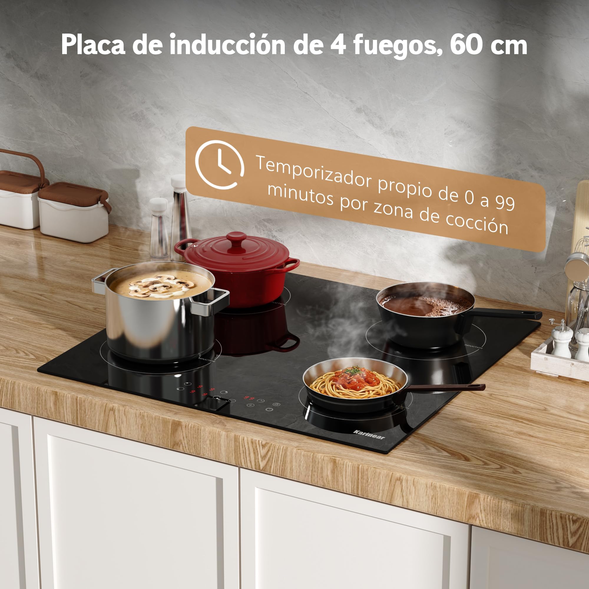 Karinear Placa de Induccion 4 Fuegos 60 CM con Enchufe, Inducción 3500 W