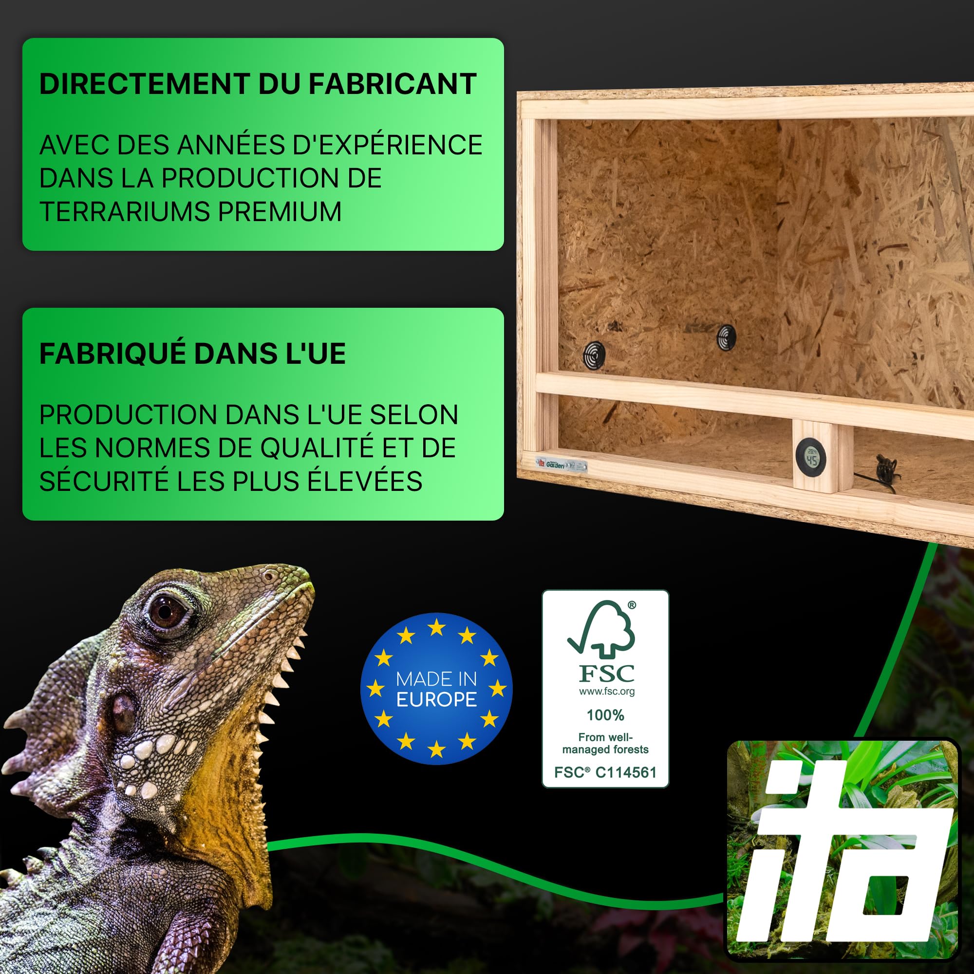 Terrarium Bois 100x50x50 cm avec Ventilation latérale & hygromètre intégré - OSB-3 pour Reptiles, Serpents, Amphibiens
