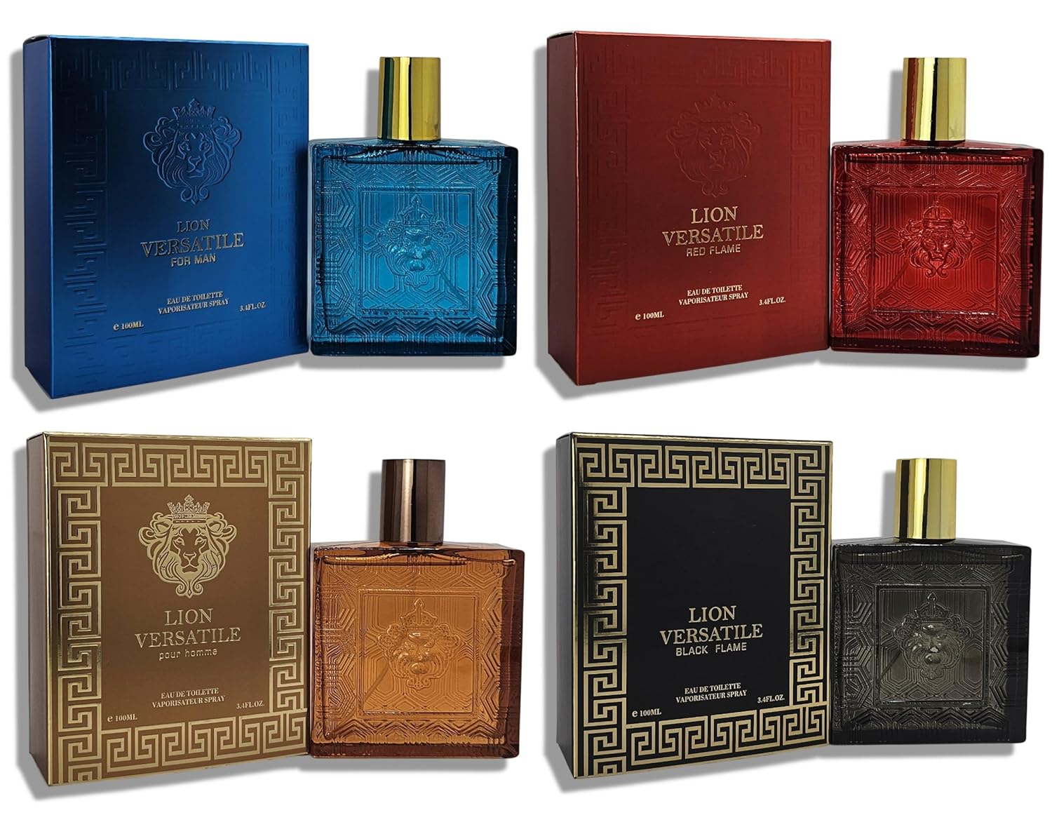 Lion Versatile For Man, Red Flame, Pour Homme & Black Flame, Cologne for Men 4-piece Set, 4x100ml/3.4 Fl.Oz, Eau de Toilette, Long-lasting mint, orange, neroli & vetiver notes for day and night
