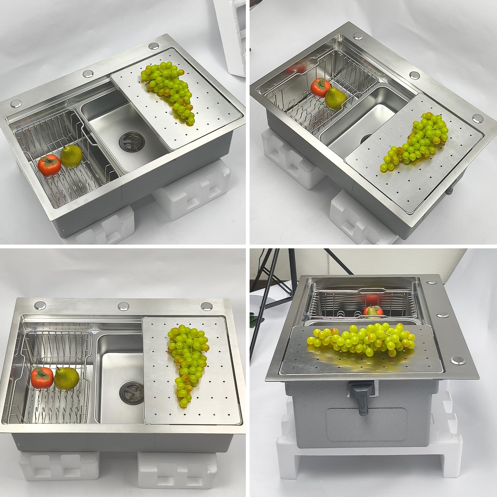Lavello da cucina in acciaio inox 304, 85 x 50 cm, lavello da incasso, 1 vasca con sgocciolatoio, lavello multifunzione con cestello sgocciolatoio, sifone, set di scarico e troppopieno, lavello