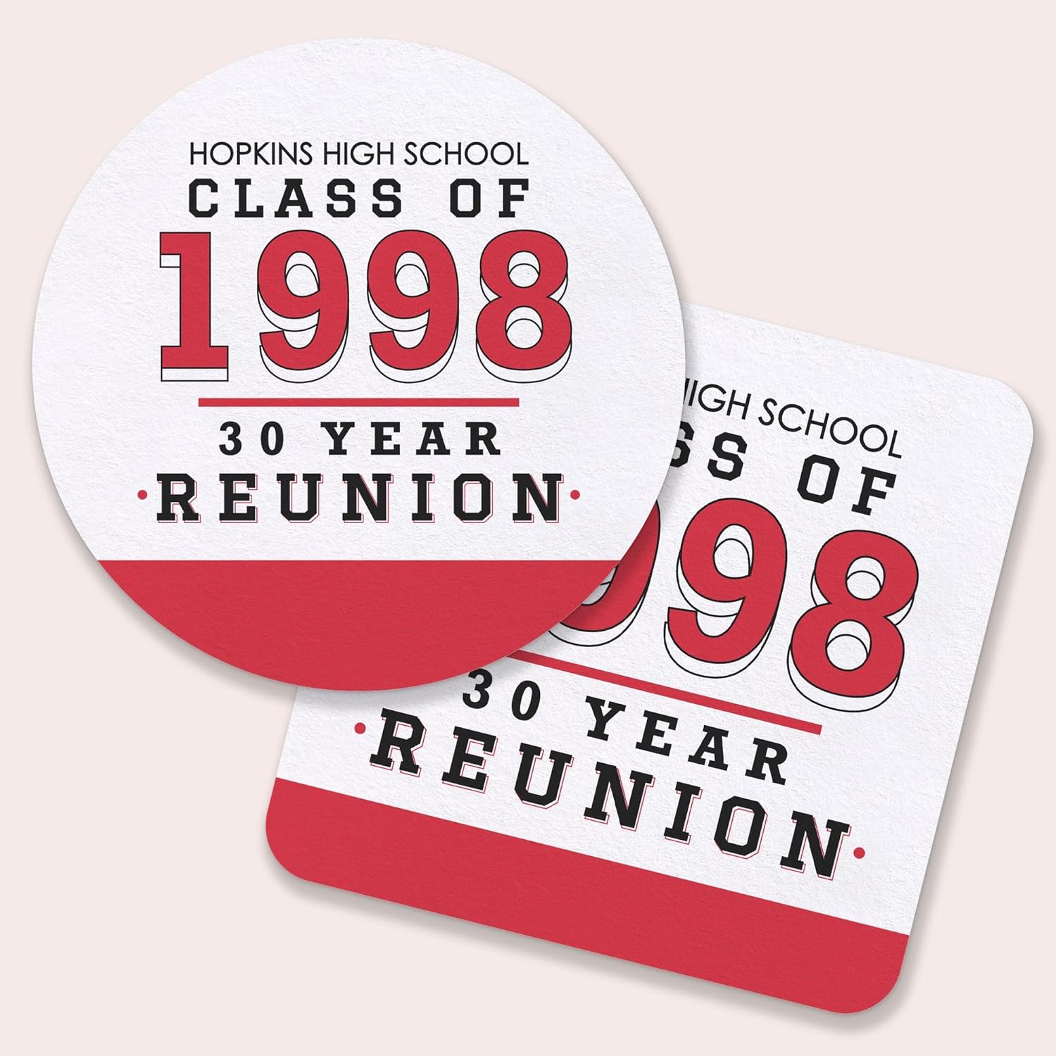 Big Dot of Happiness Personalized Red Class Reunion Drink Coasters, 4-Inch Disposable Round Paper Coasters for Reunited Party, Custom Funny Cocktail Table Decor for Bar Drinks - Set of 25