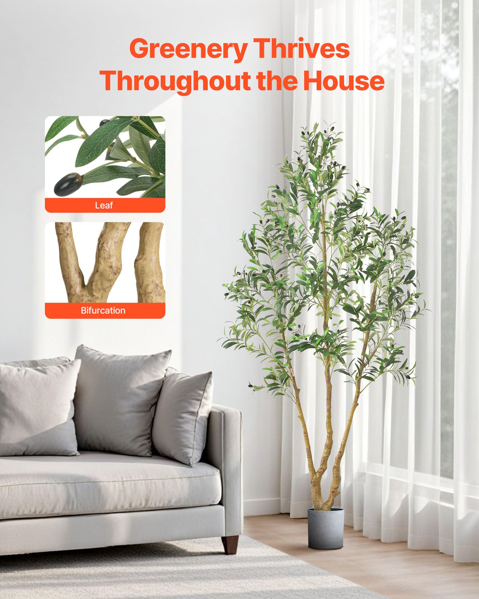 VEVOR Albero Artificiale da Interno da 2134 mm con Vaso Nero, Albero di Ulivo Artificiale con Tronco in Legno Naturale e Foglie e Frutti Verdi Realistiche, per Casa, Soggiorno, Decorazione d'Angolo